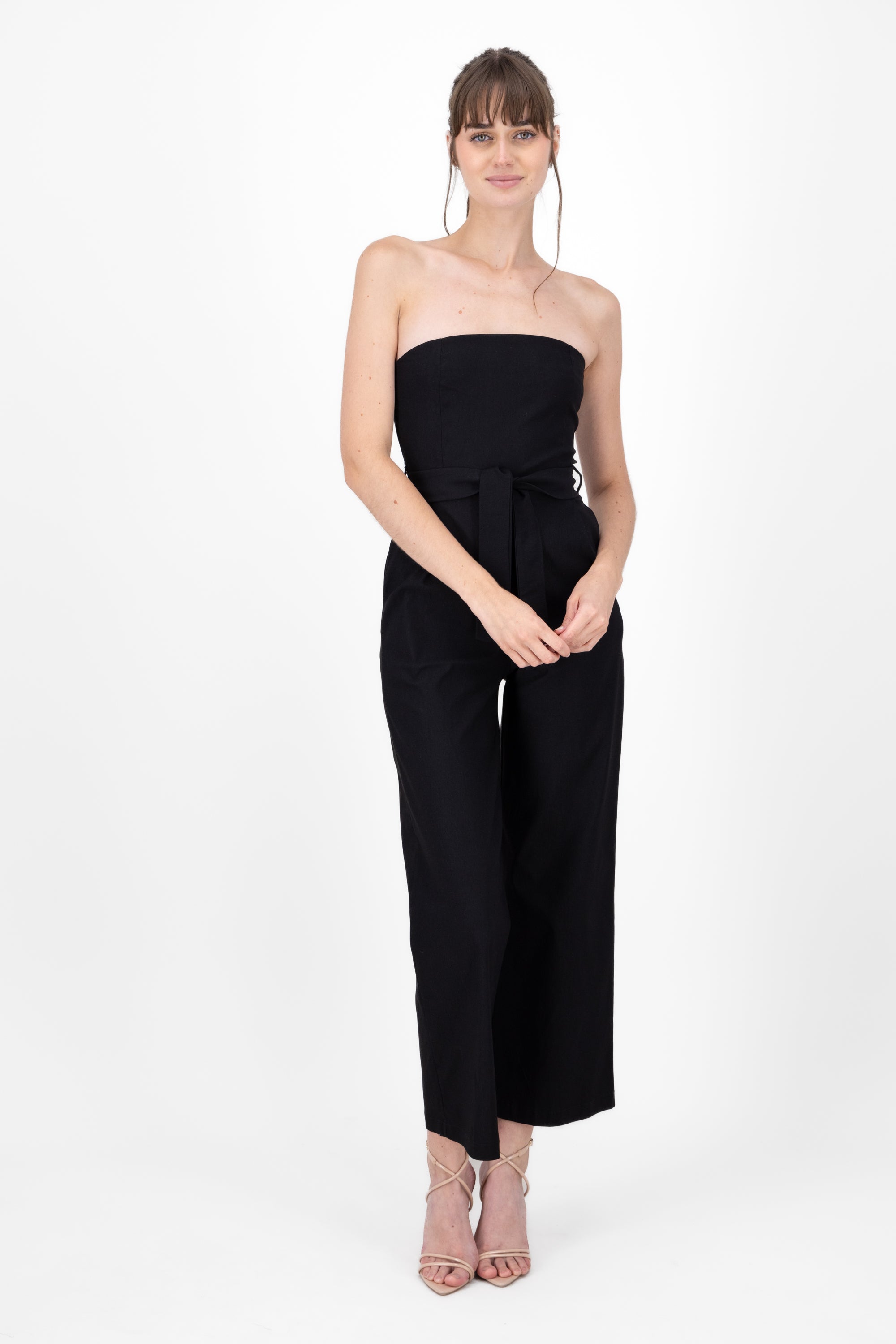 Solid Strapless Jumpsuit With Belt BLACK