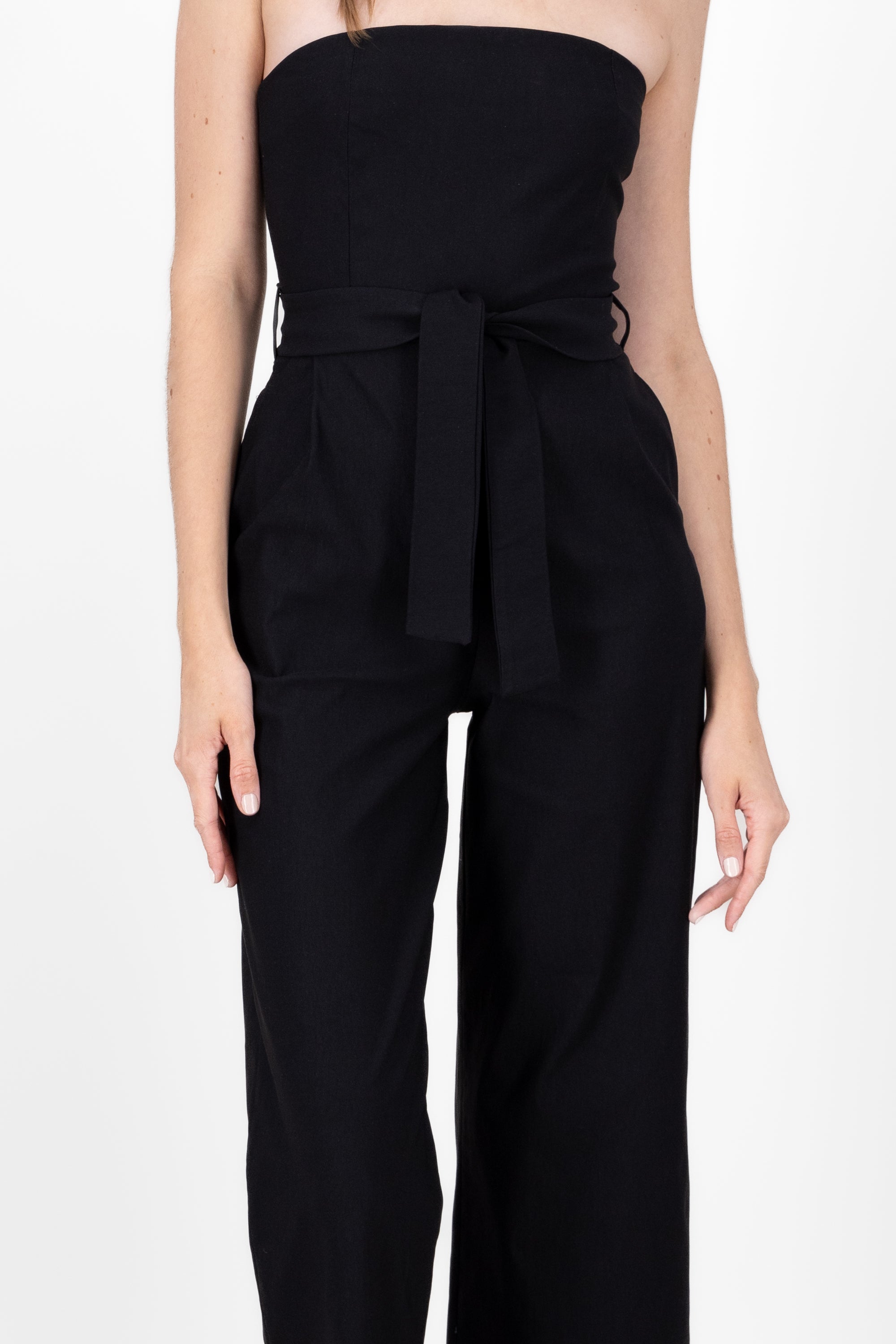 Solid Strapless Jumpsuit With Belt BLACK