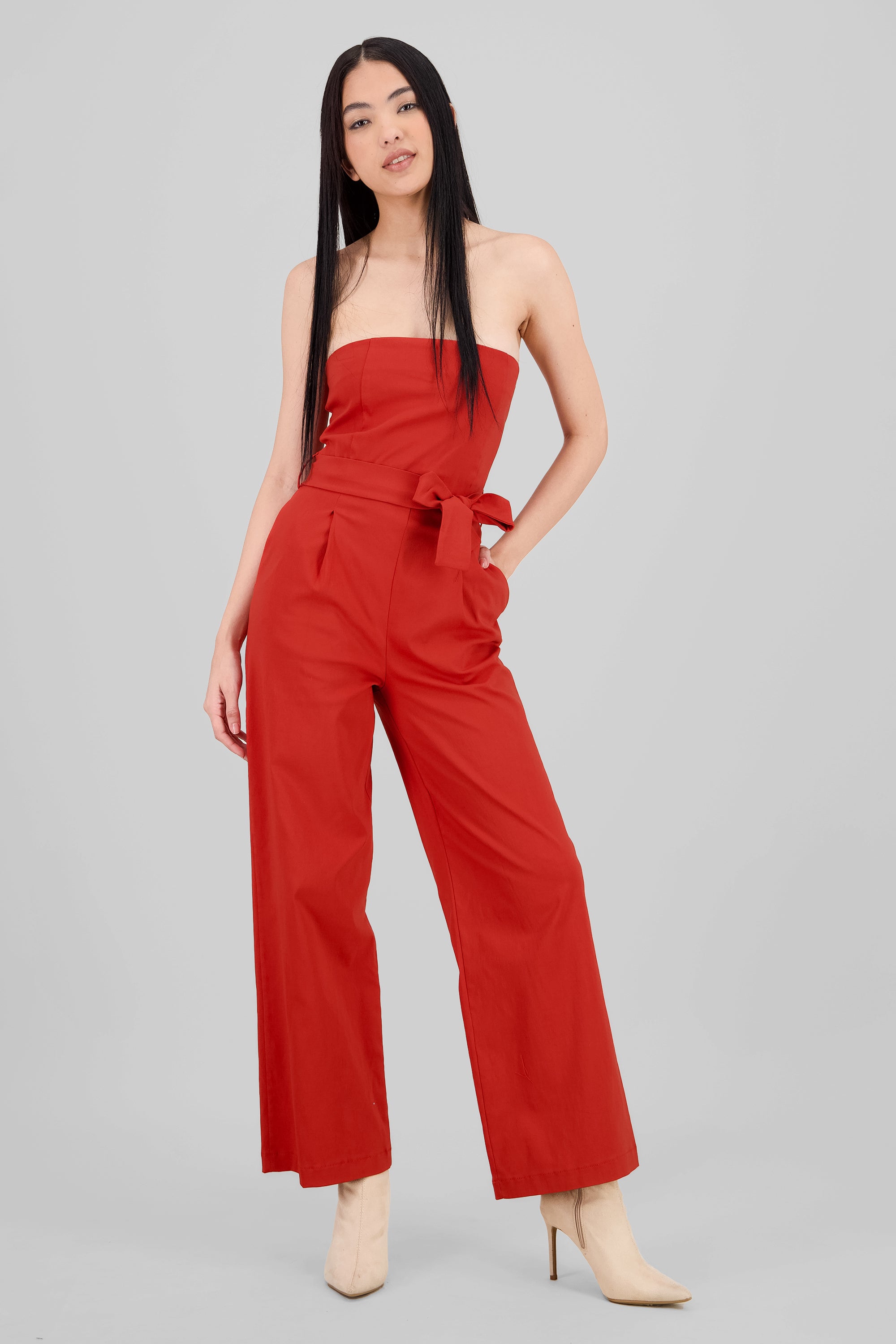 Solid Strapless Jumpsuit With Belt BRICK RED