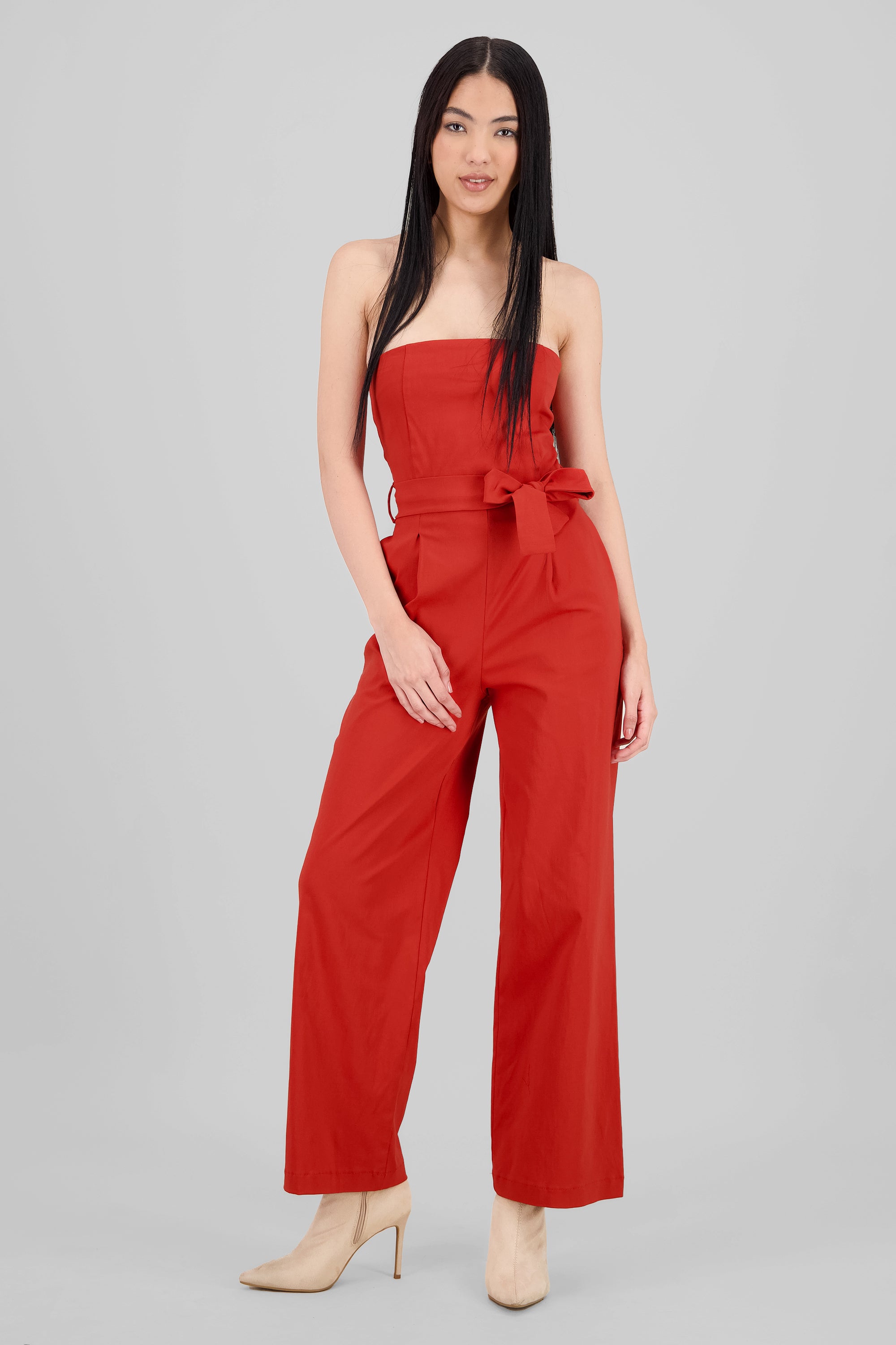 Solid Strapless Jumpsuit With Belt BRICK RED