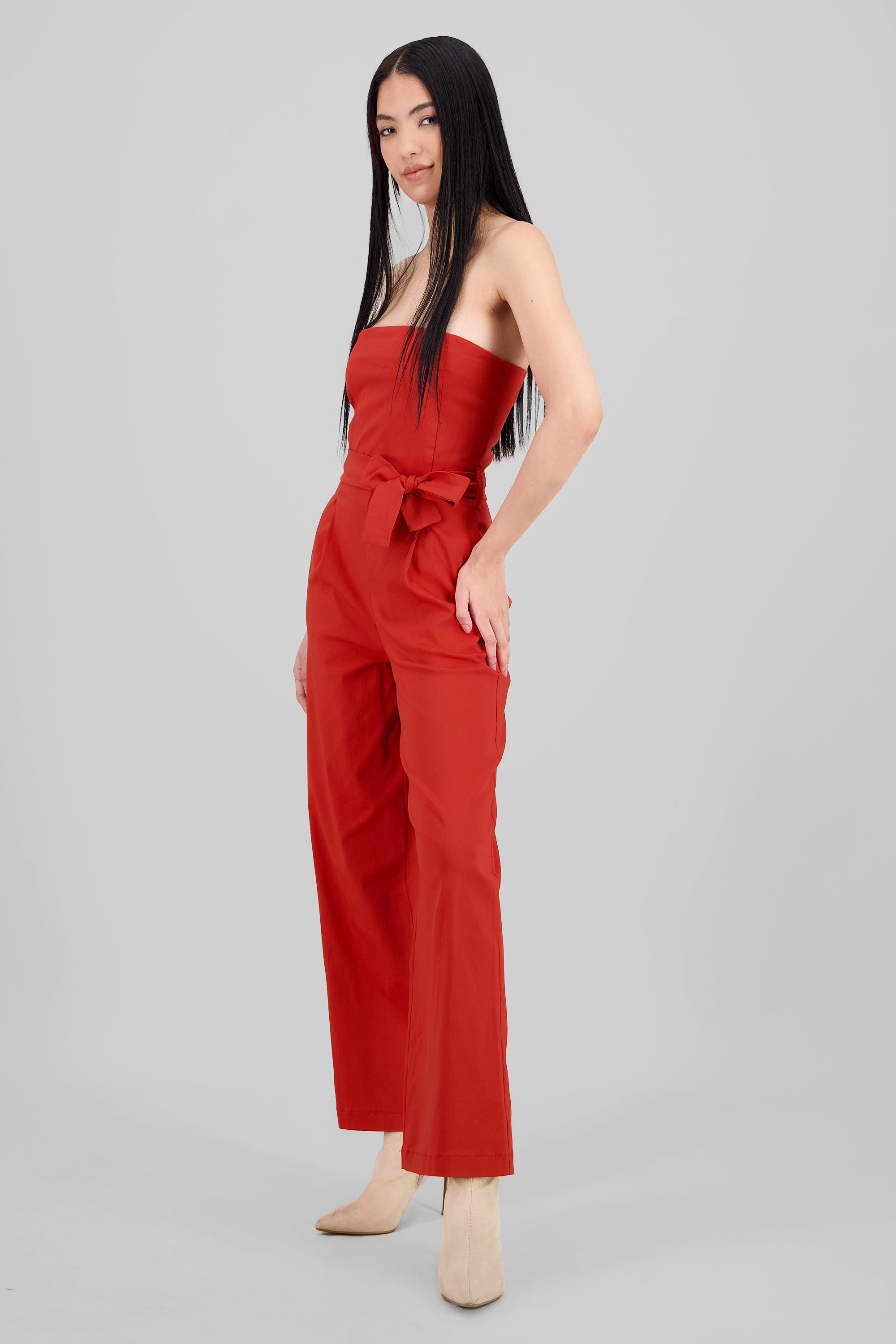 Solid Strapless Jumpsuit With Belt BRICK RED