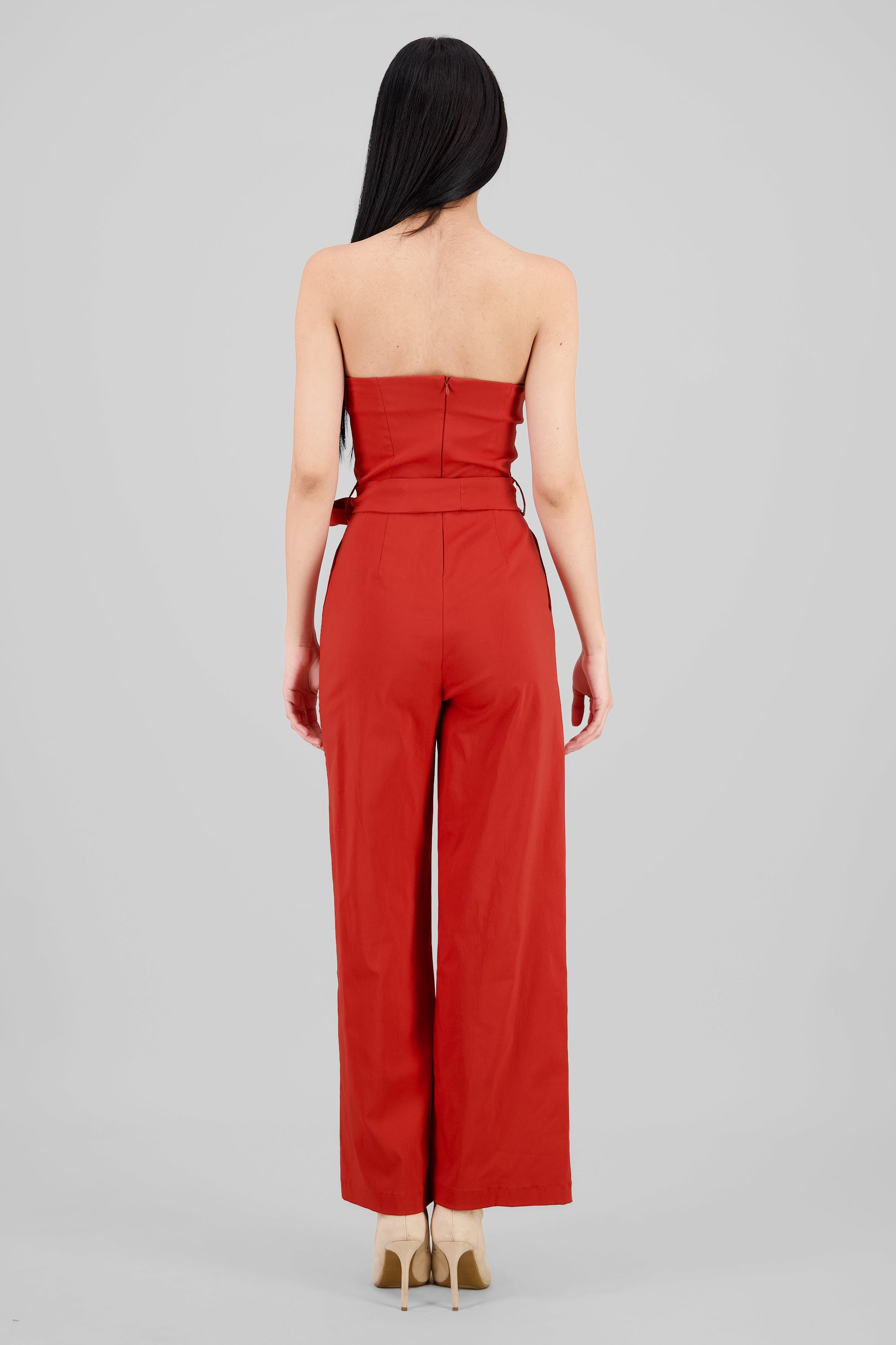 Solid Strapless Jumpsuit With Belt BRICK RED