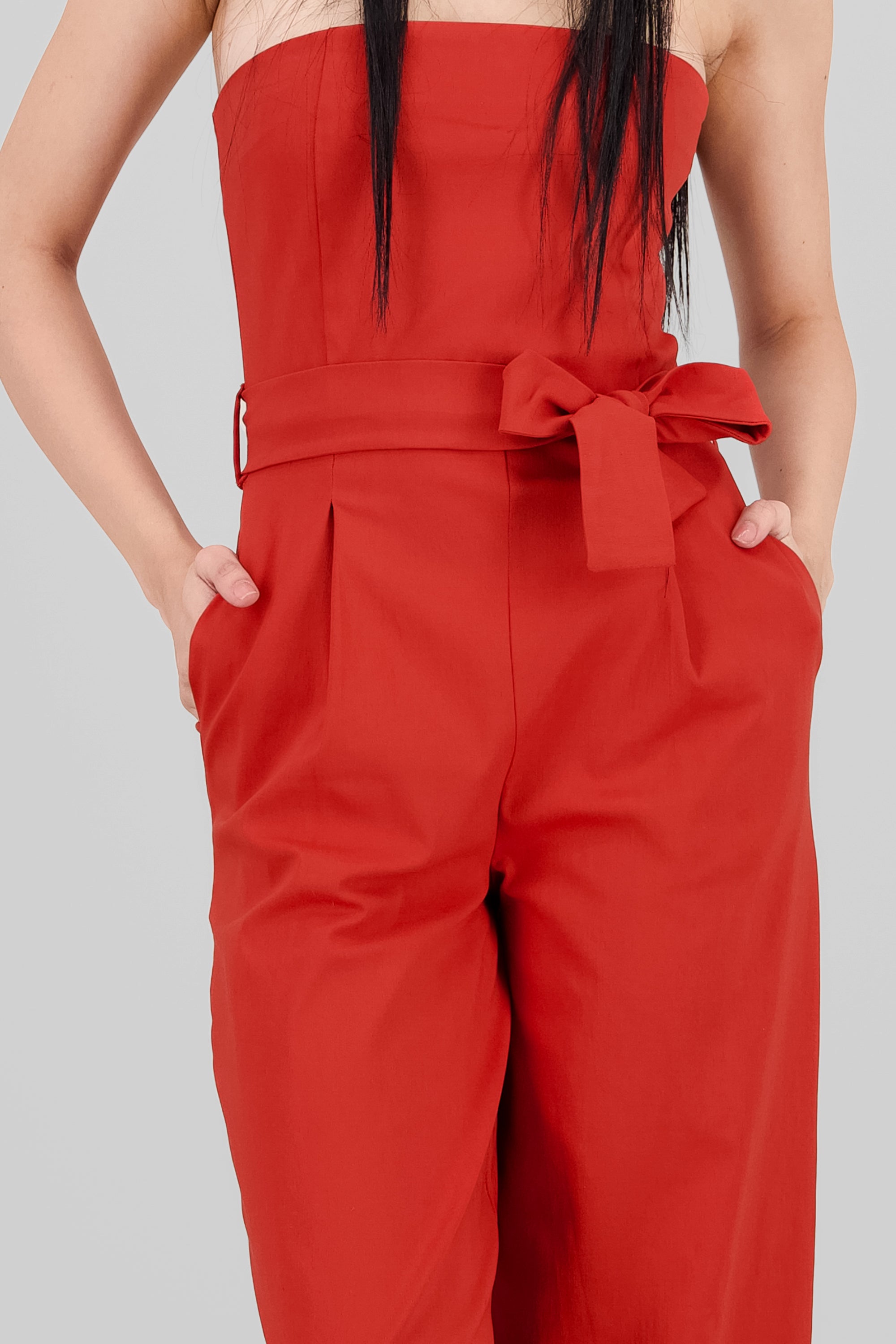 Solid Strapless Jumpsuit With Belt BRICK RED