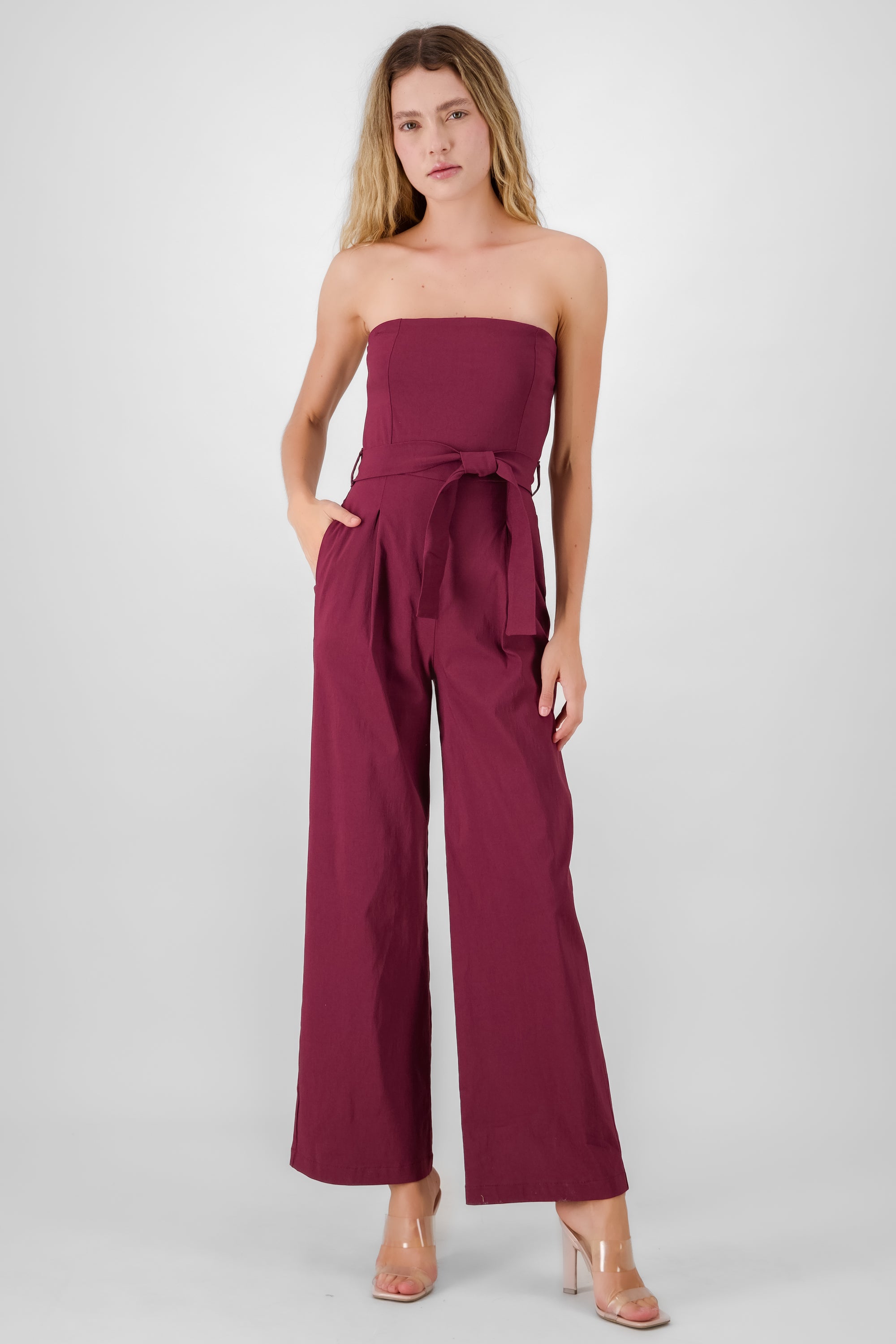 Solid Strapless Jumpsuit With Belt BURGUNDY