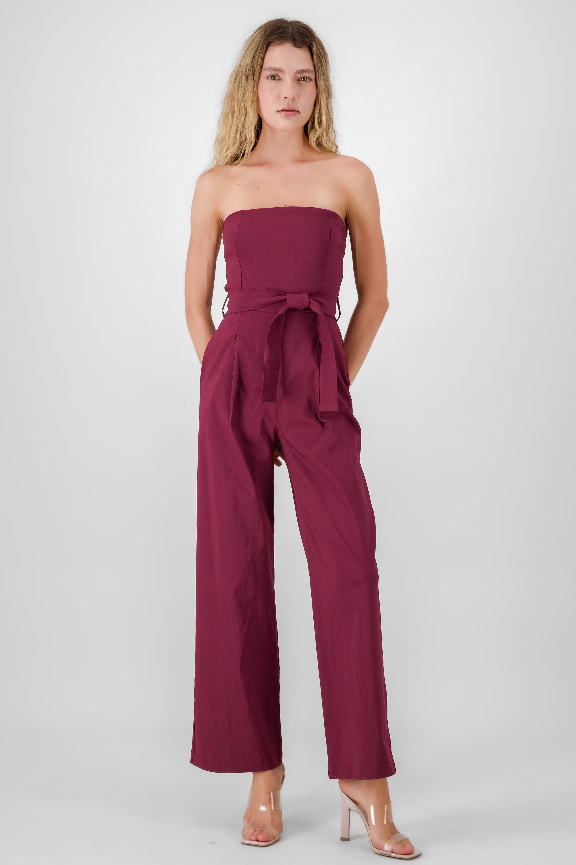 Solid Strapless Jumpsuit With Belt BURGUNDY