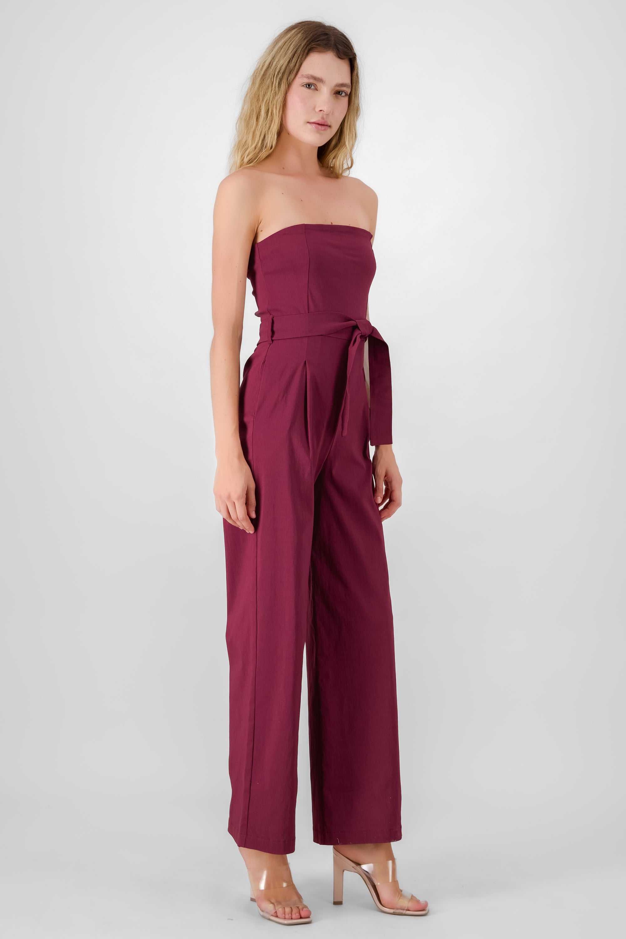 Solid Strapless Jumpsuit With Belt BURGUNDY