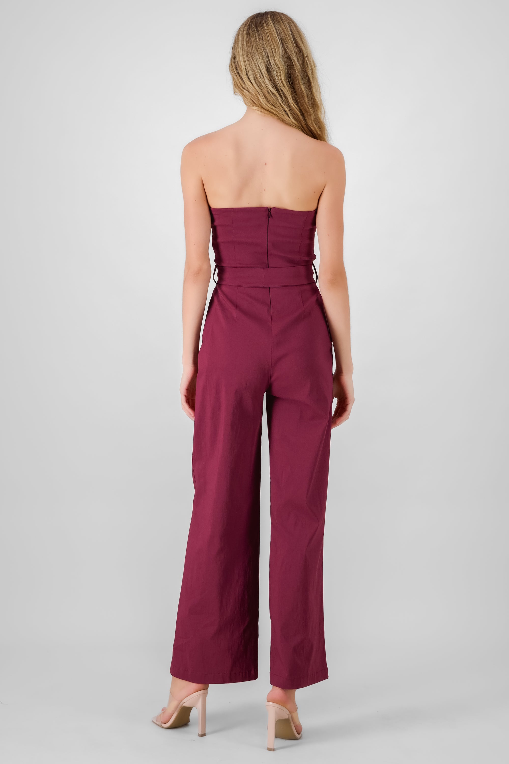 Solid Strapless Jumpsuit With Belt BURGUNDY