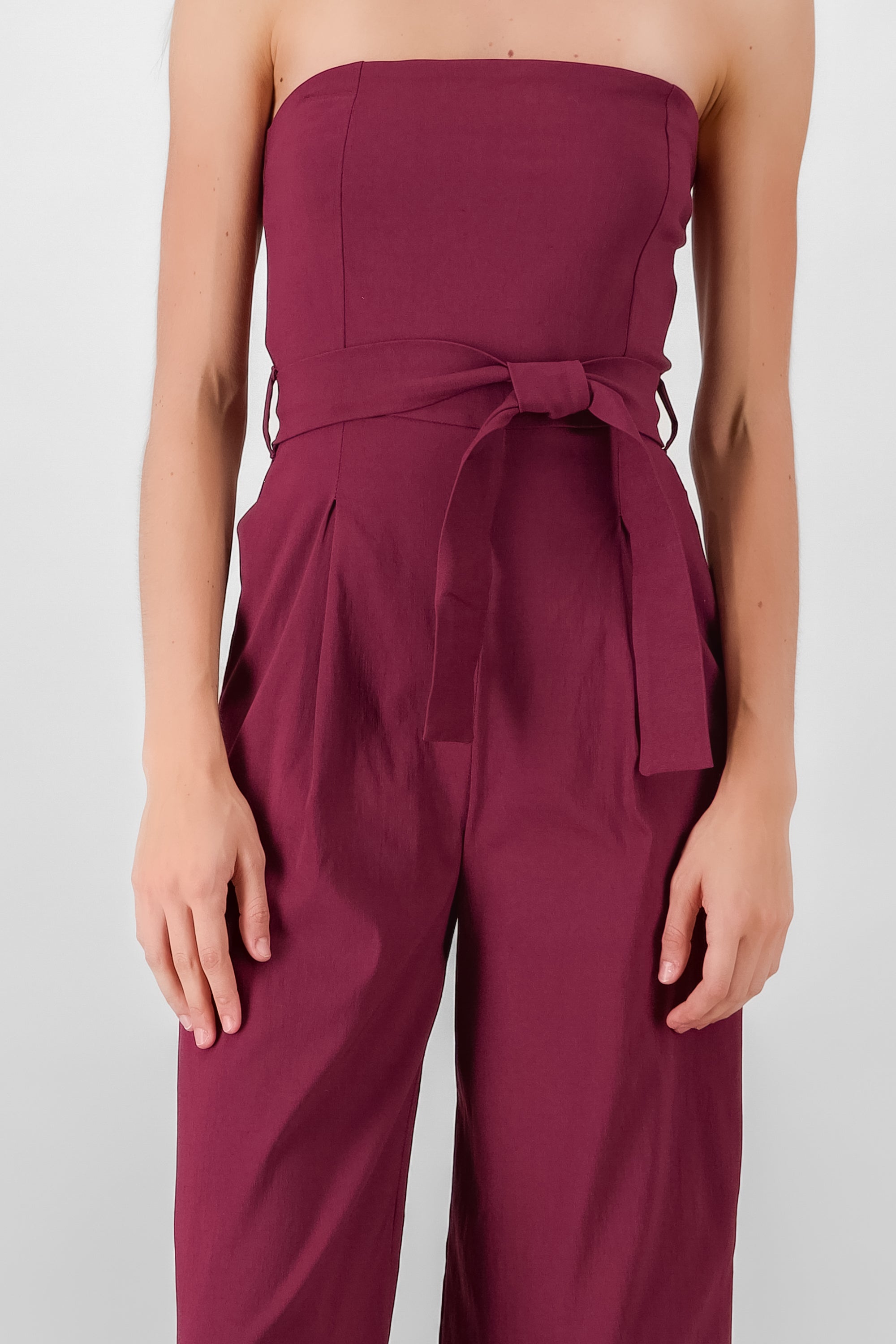 Solid Strapless Jumpsuit With Belt BURGUNDY