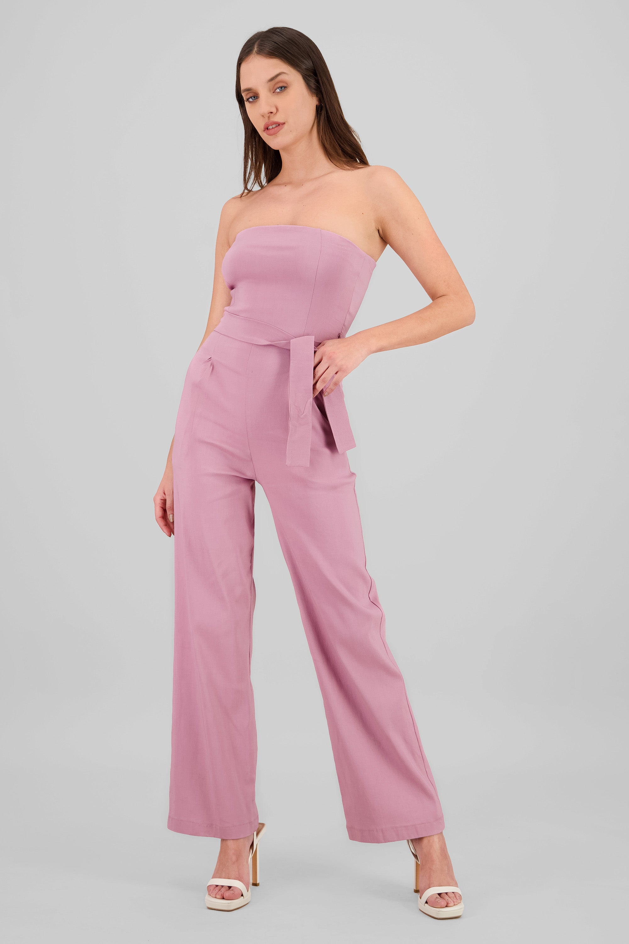 Solid Strapless Jumpsuit With Belt ROSEWOOD