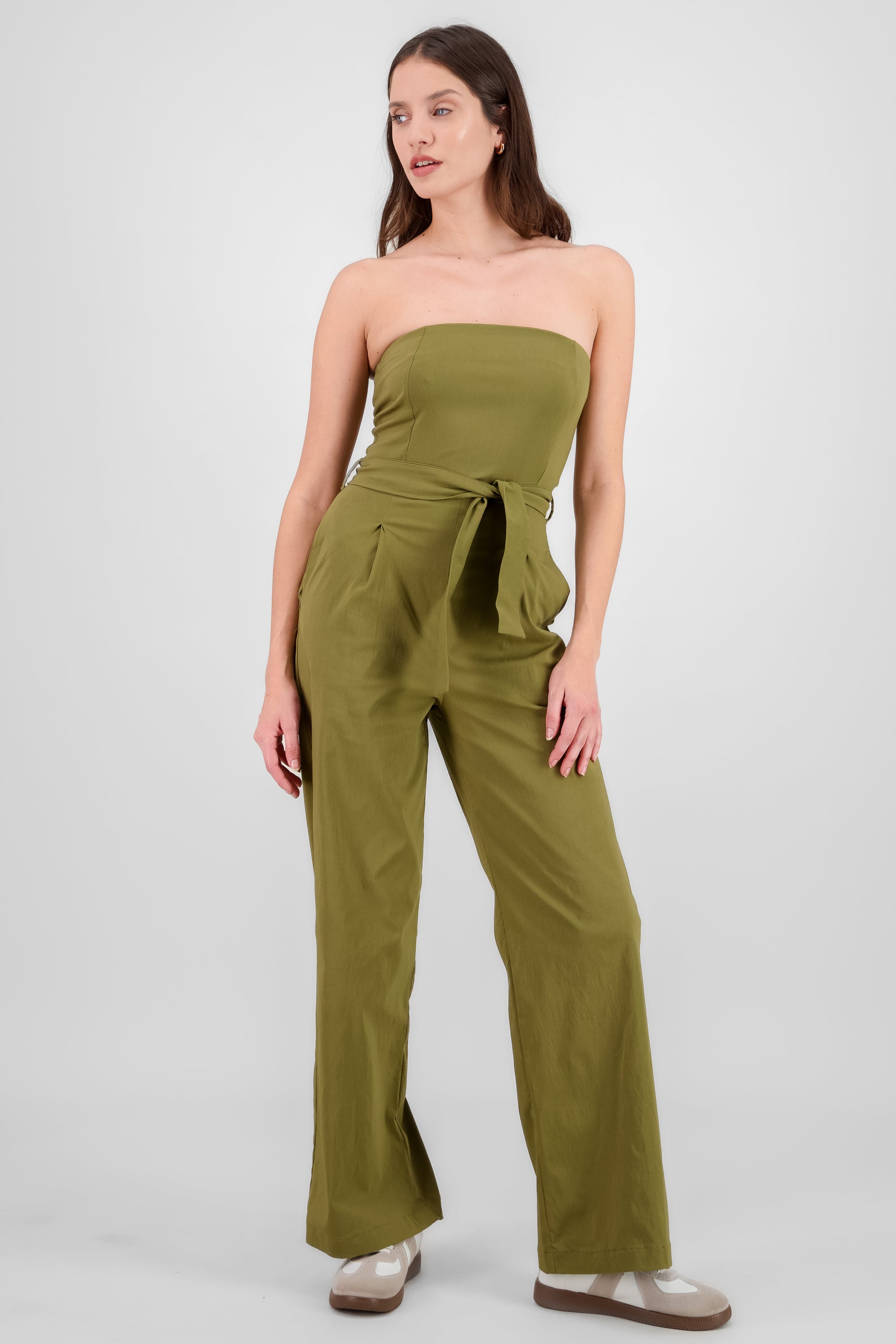 Solid Strapless Jumpsuit With Belt OLIVE