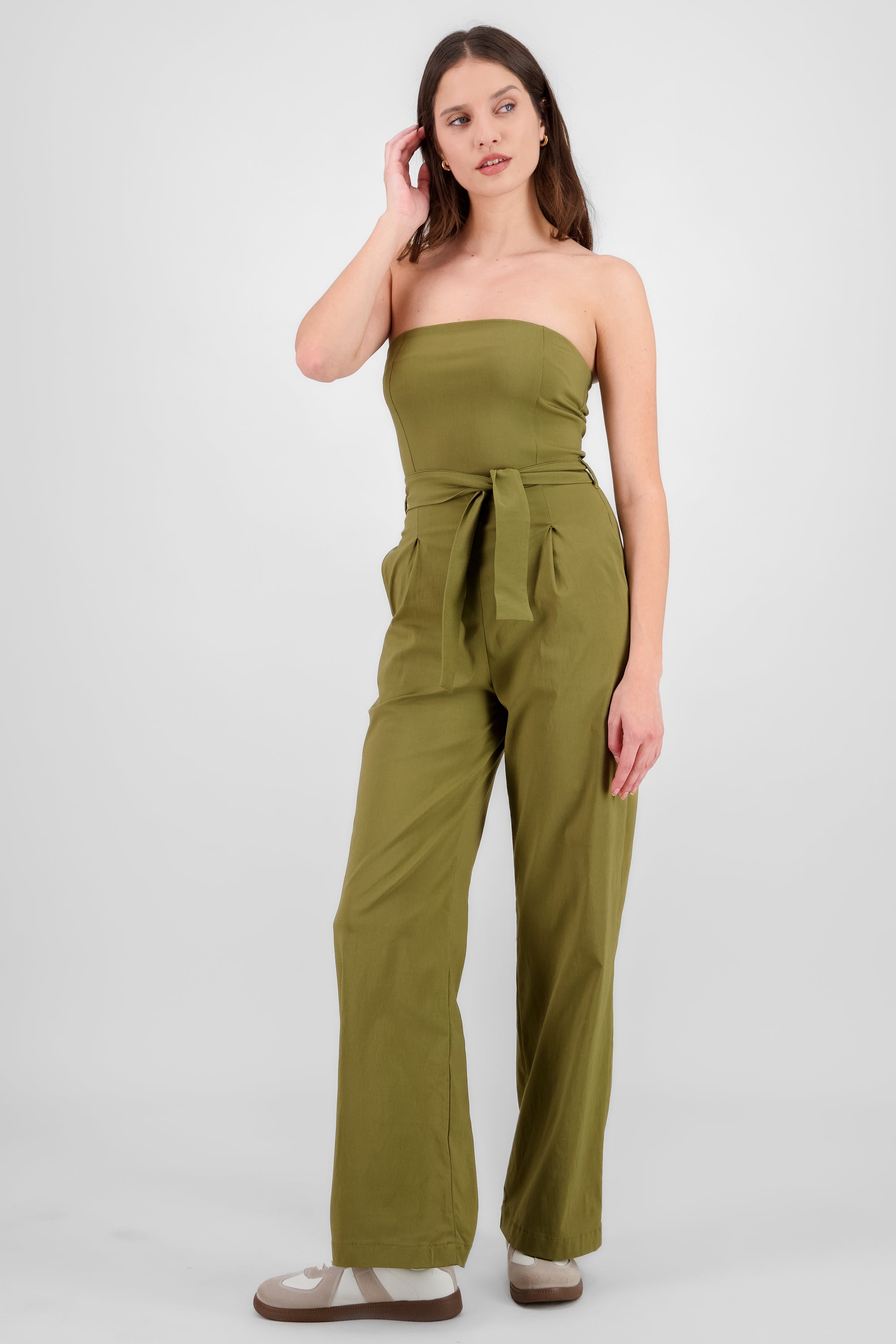 Solid Strapless Jumpsuit With Belt OLIVE