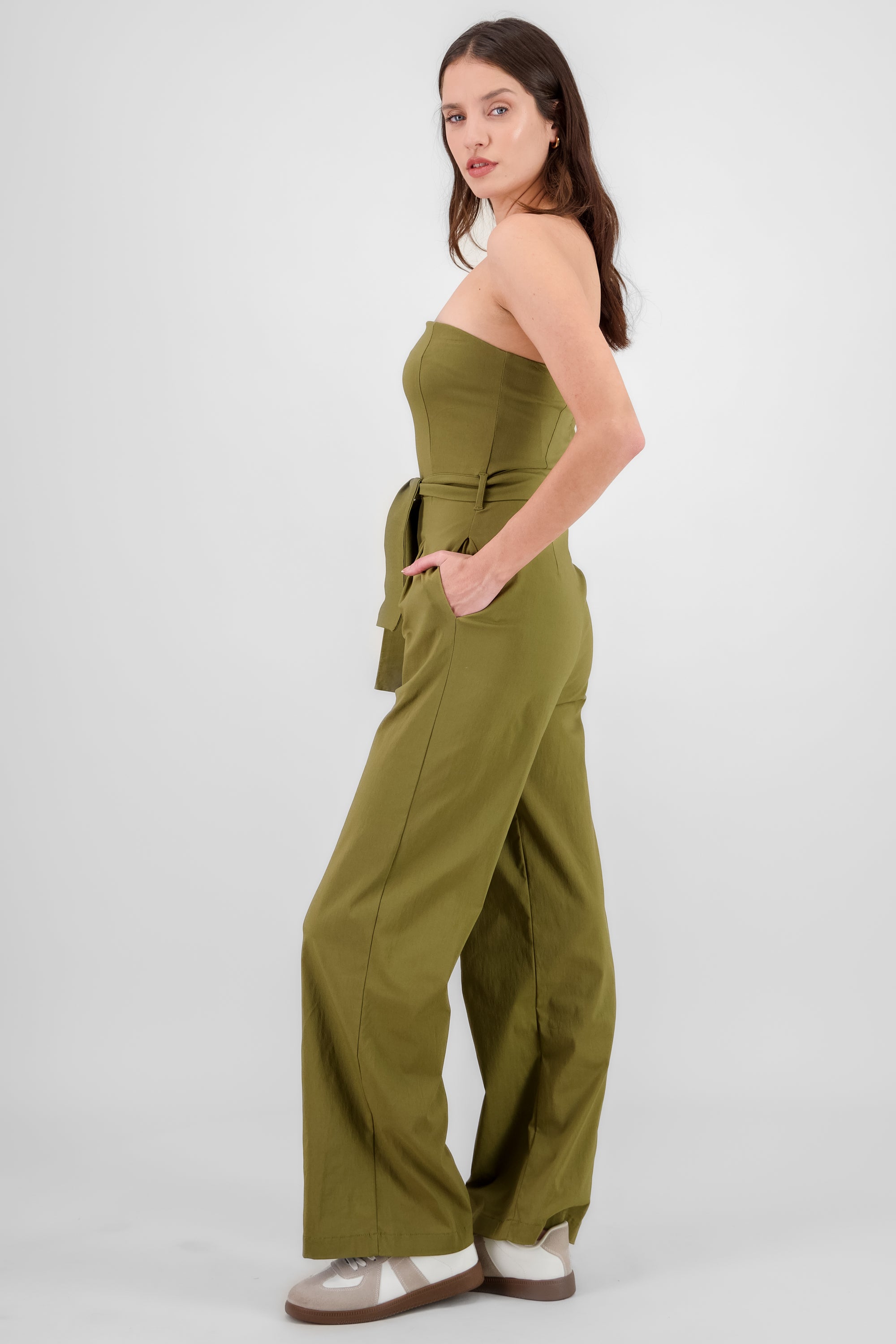 Solid Strapless Jumpsuit With Belt OLIVE