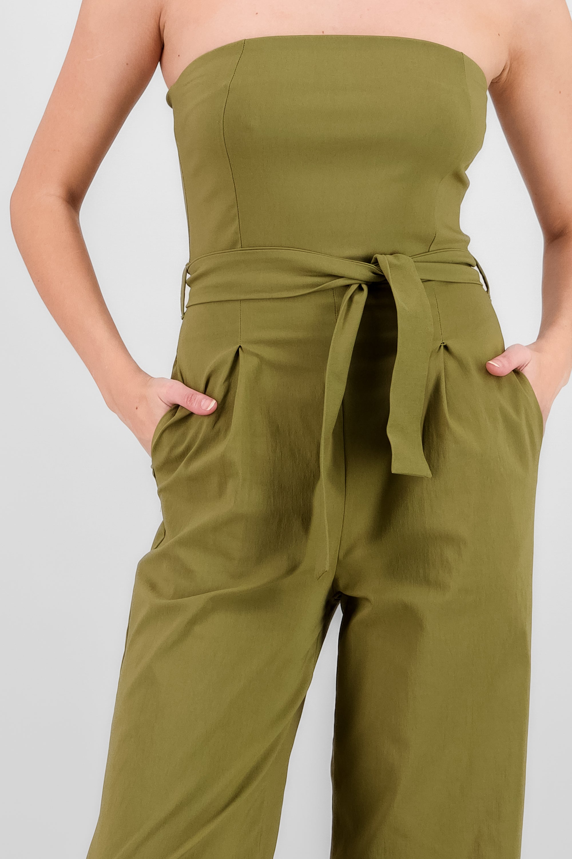 Solid Strapless Jumpsuit With Belt OLIVE