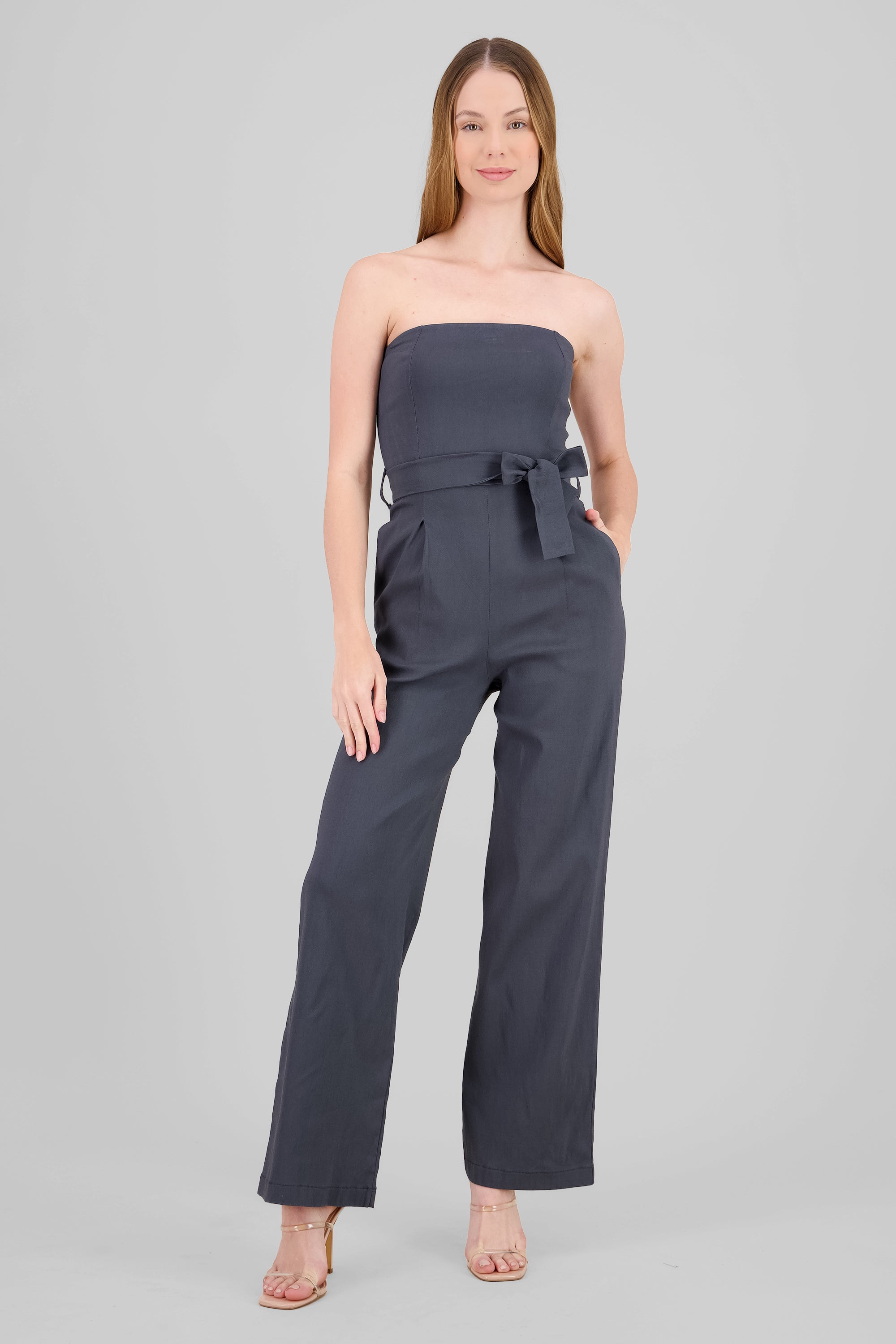 Solid Strapless Jumpsuit With Belt DARK GRAY