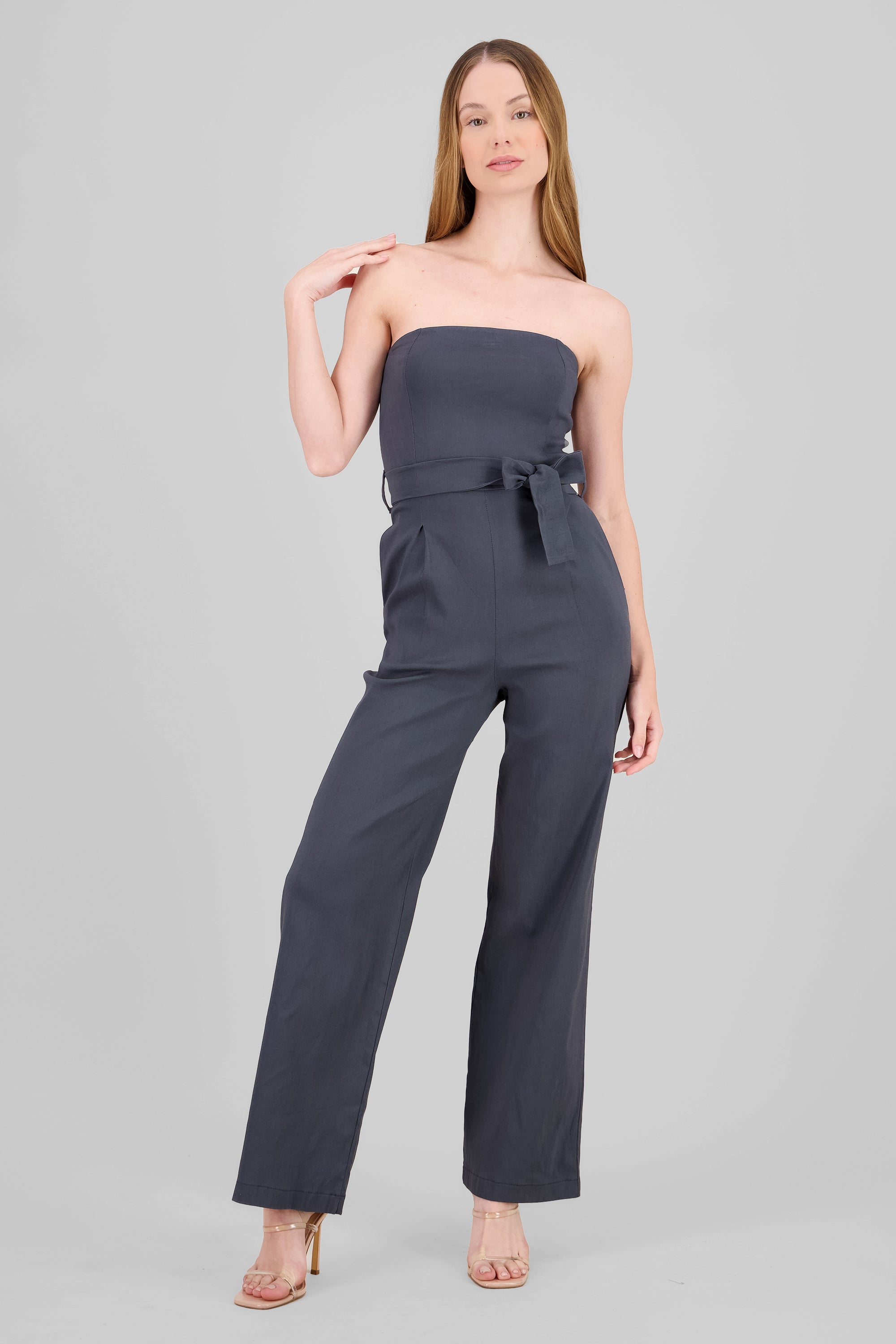 Solid Strapless Jumpsuit With Belt DARK GRAY