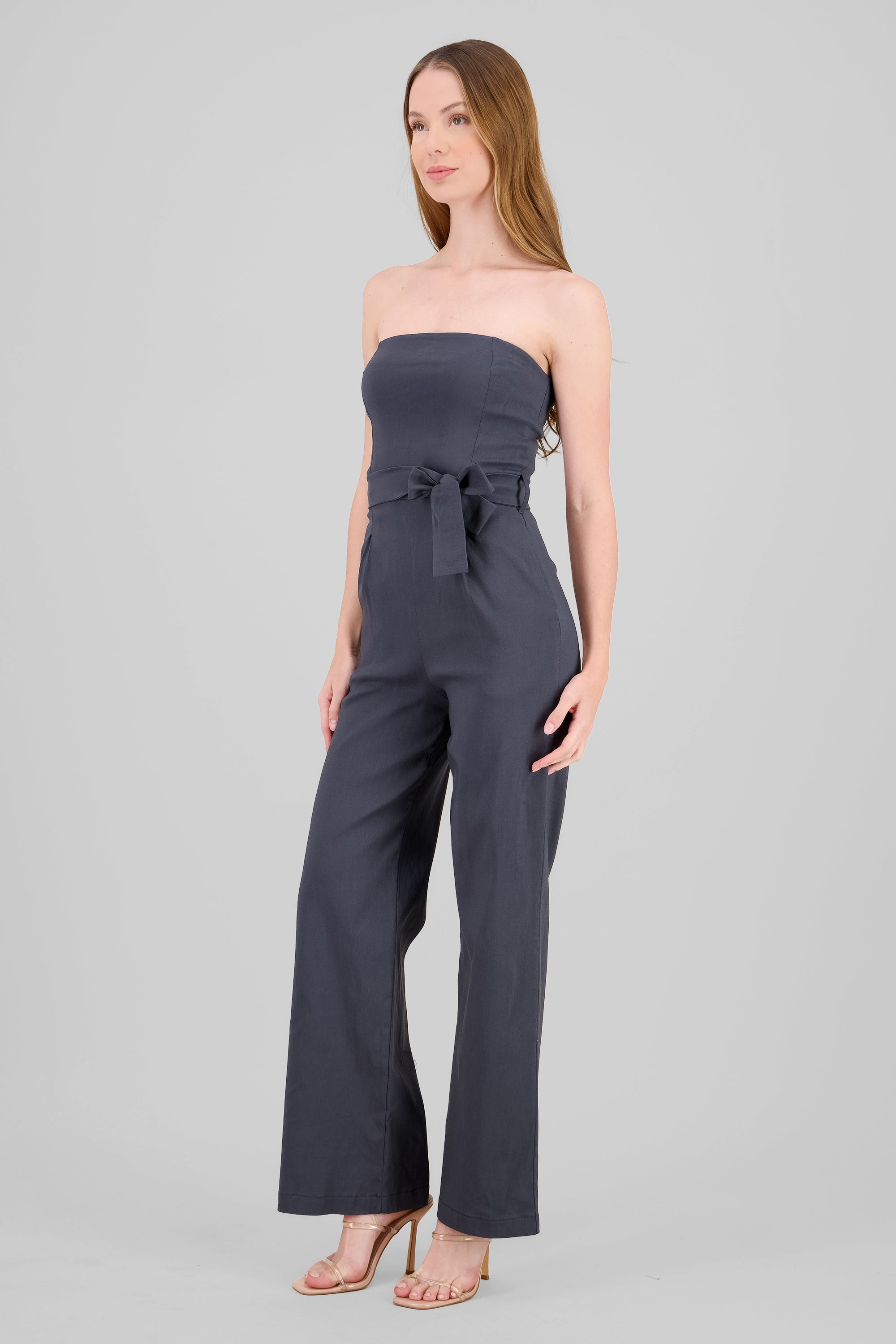 Solid Strapless Jumpsuit With Belt DARK GRAY