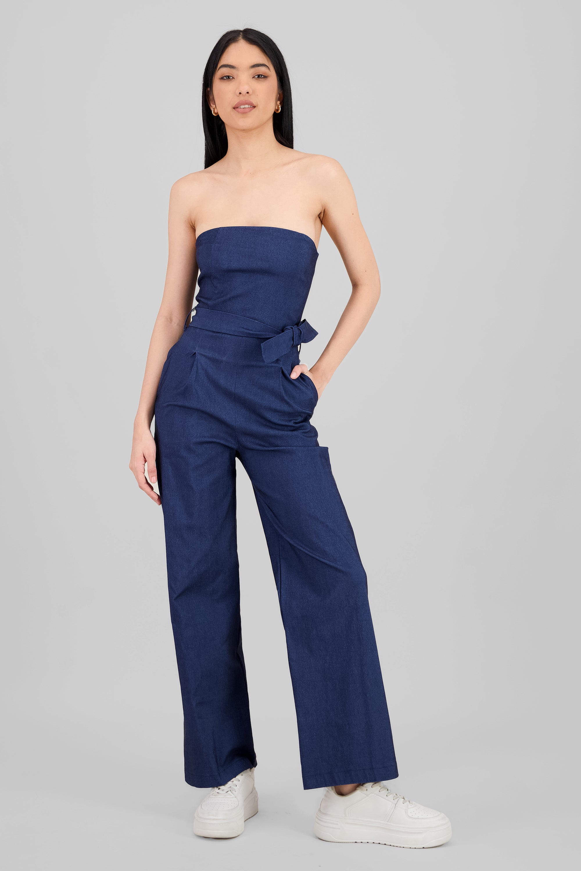 Solid Strapless Jumpsuit With Belt INDIGO