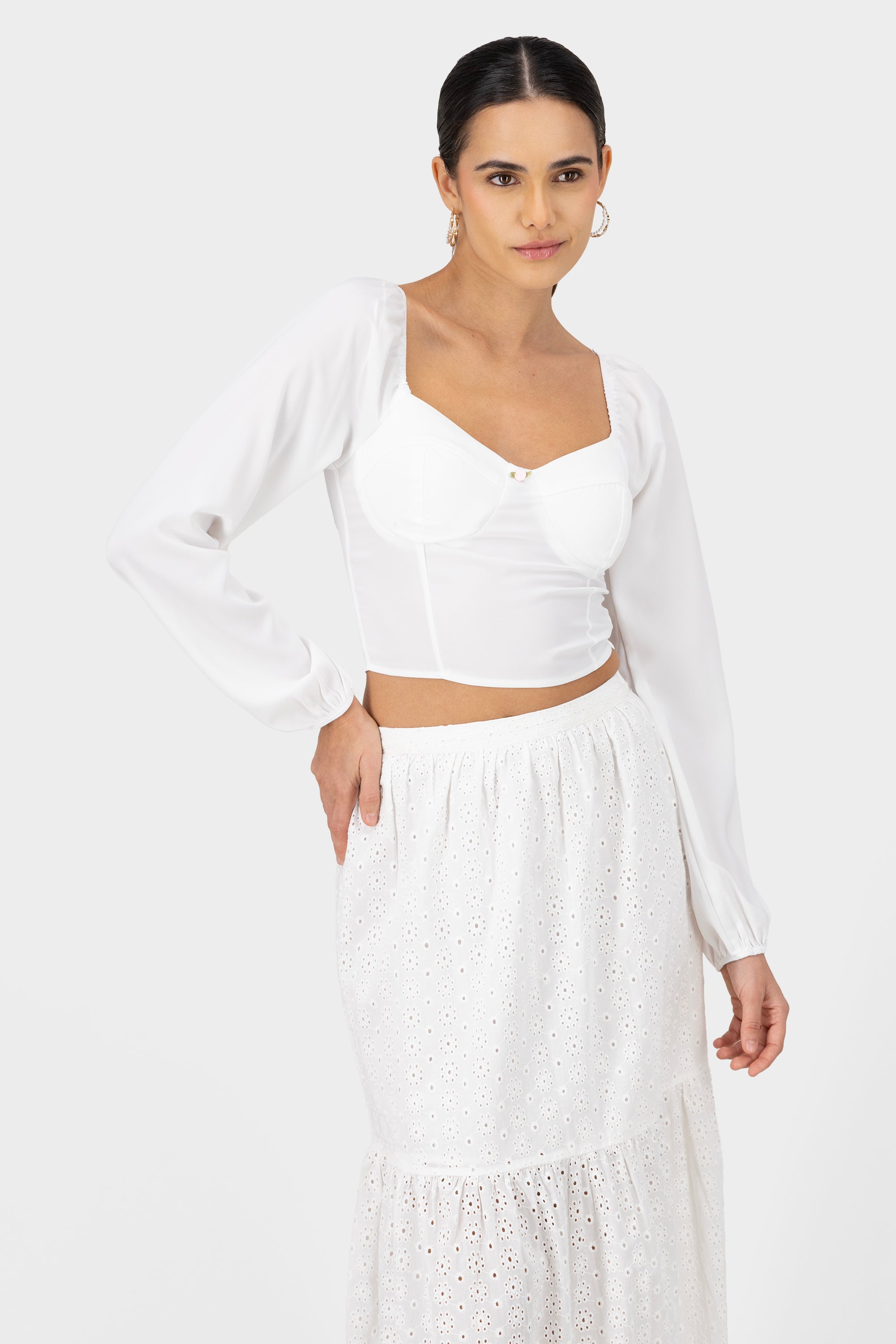 Long Sleeve Puff Detailed Top WHITE COMBO