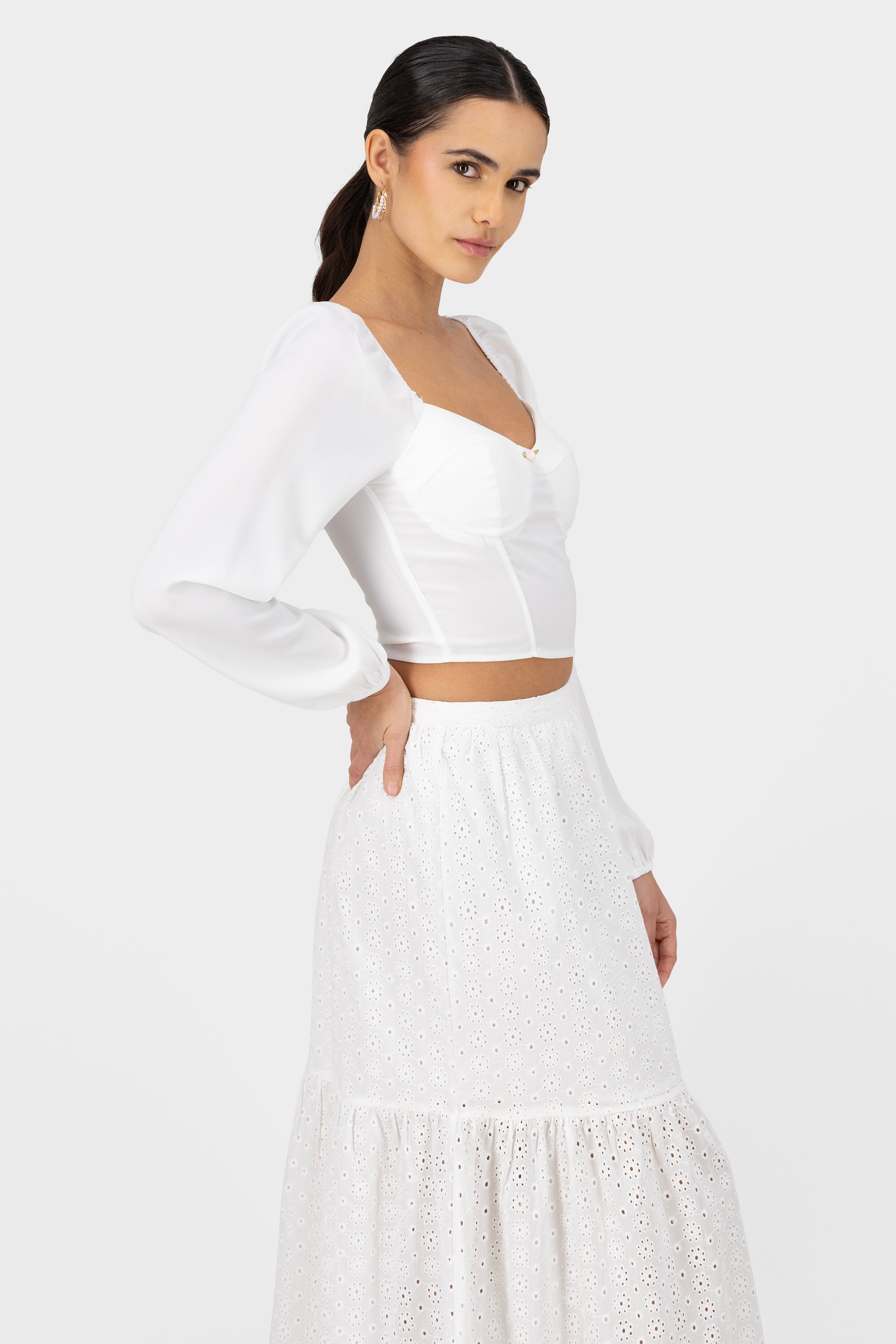 Long Sleeve Puff Detailed Top WHITE COMBO