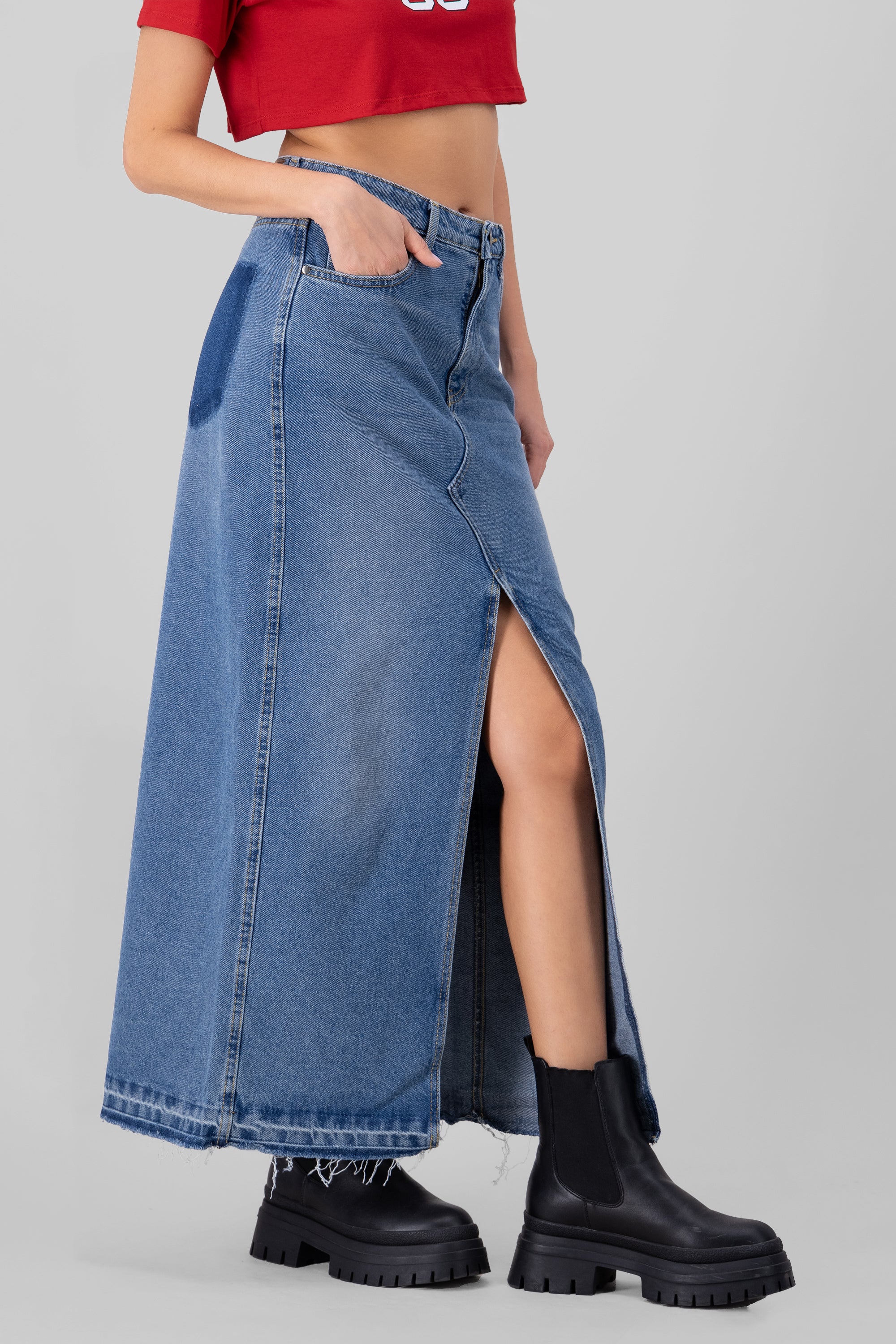 Double Slit Denim Midi Skirt MEDIUM STONE