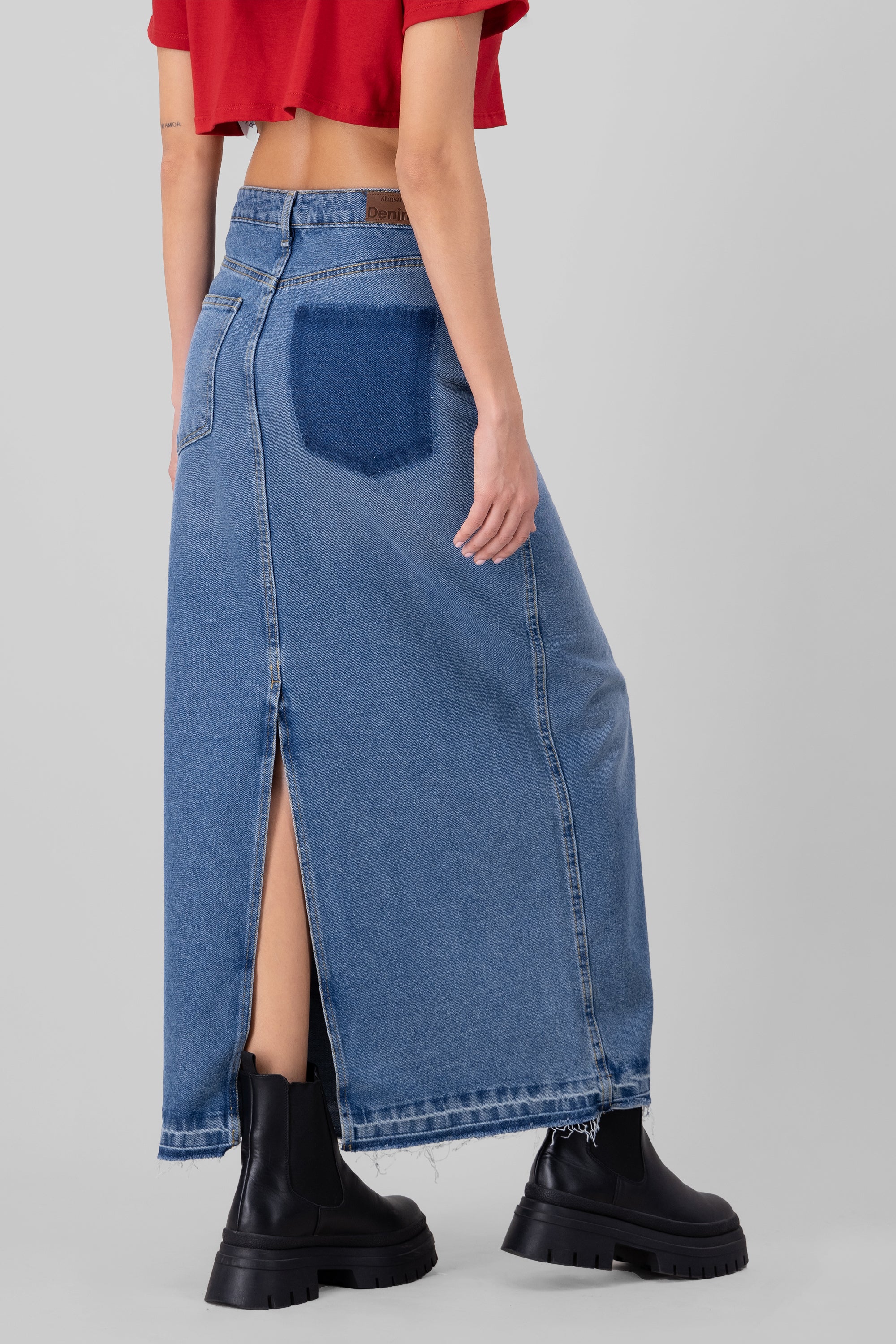 Double Slit Denim Midi Skirt MEDIUM STONE