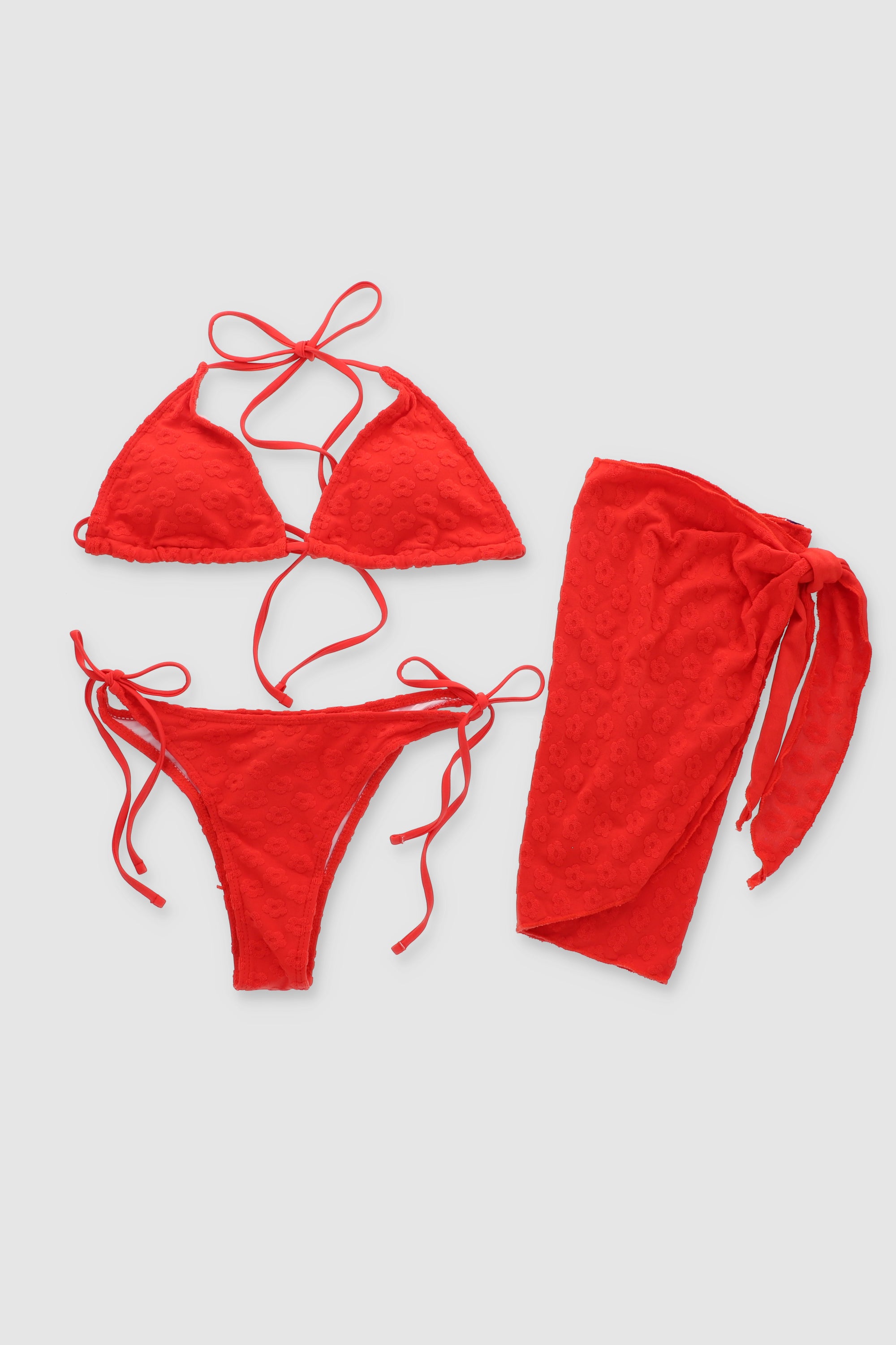 3 Piece Textured Bikini Set RED