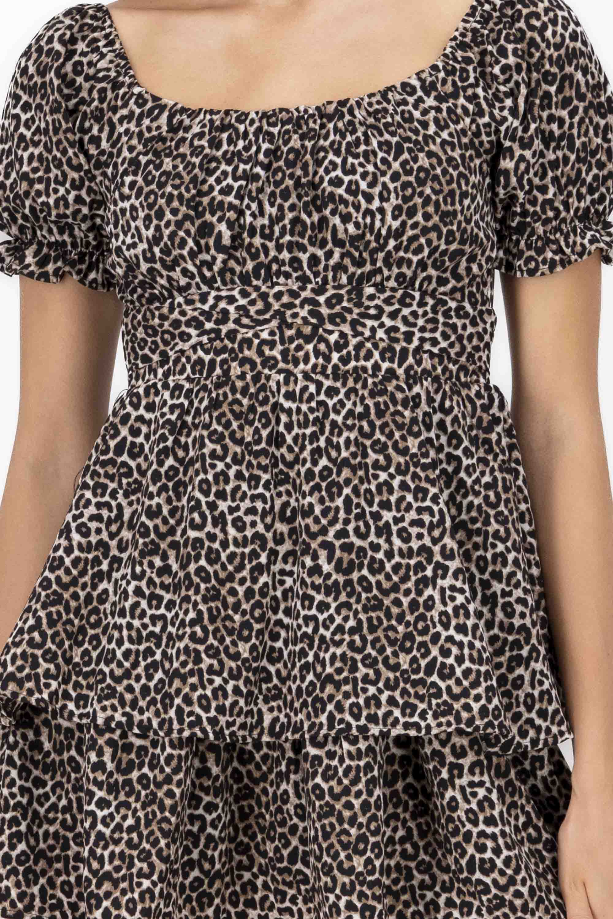 Animal Print Tiered Mini Dress BROWN COMBO