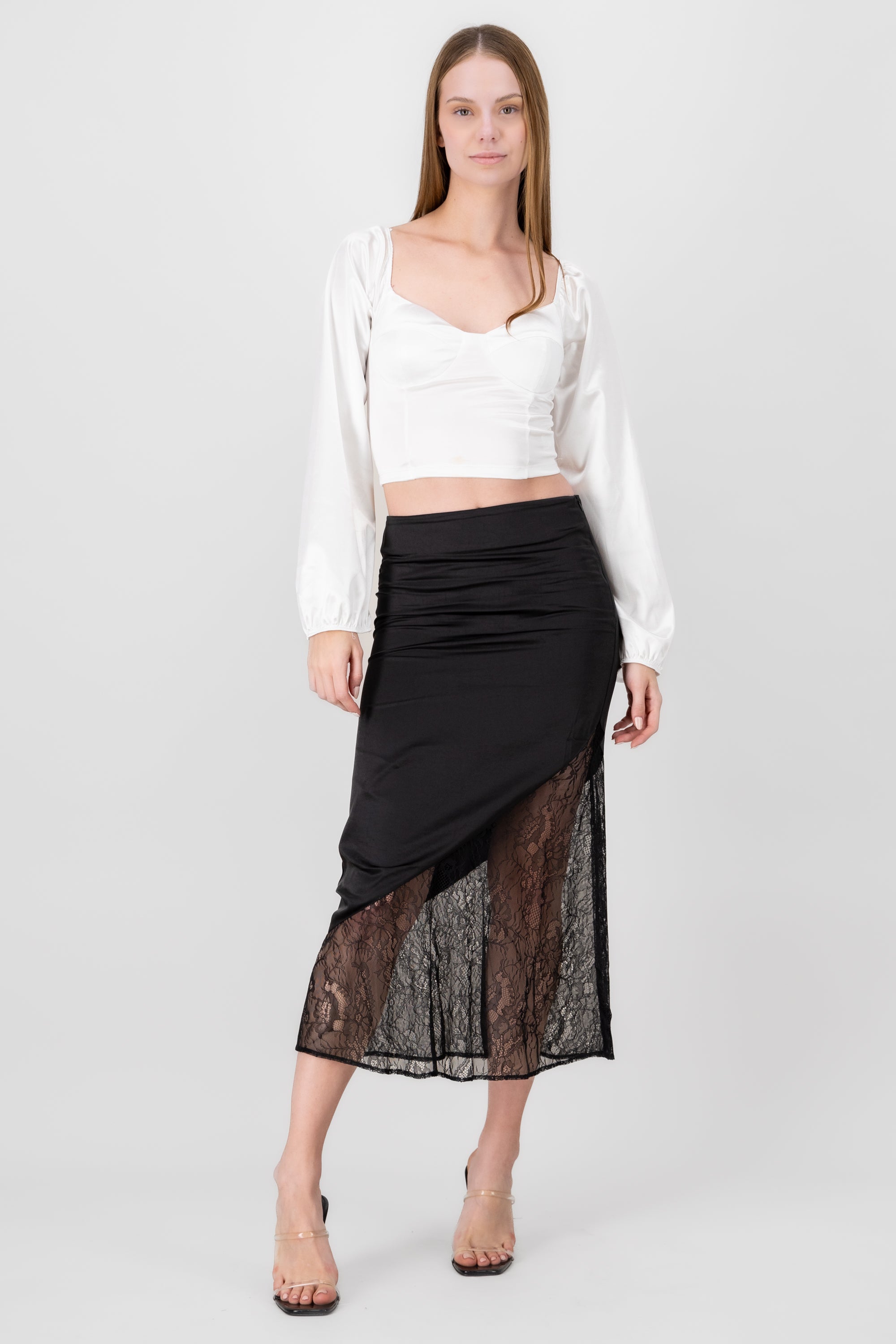 Midi Satin Skirt With Lace BLACK