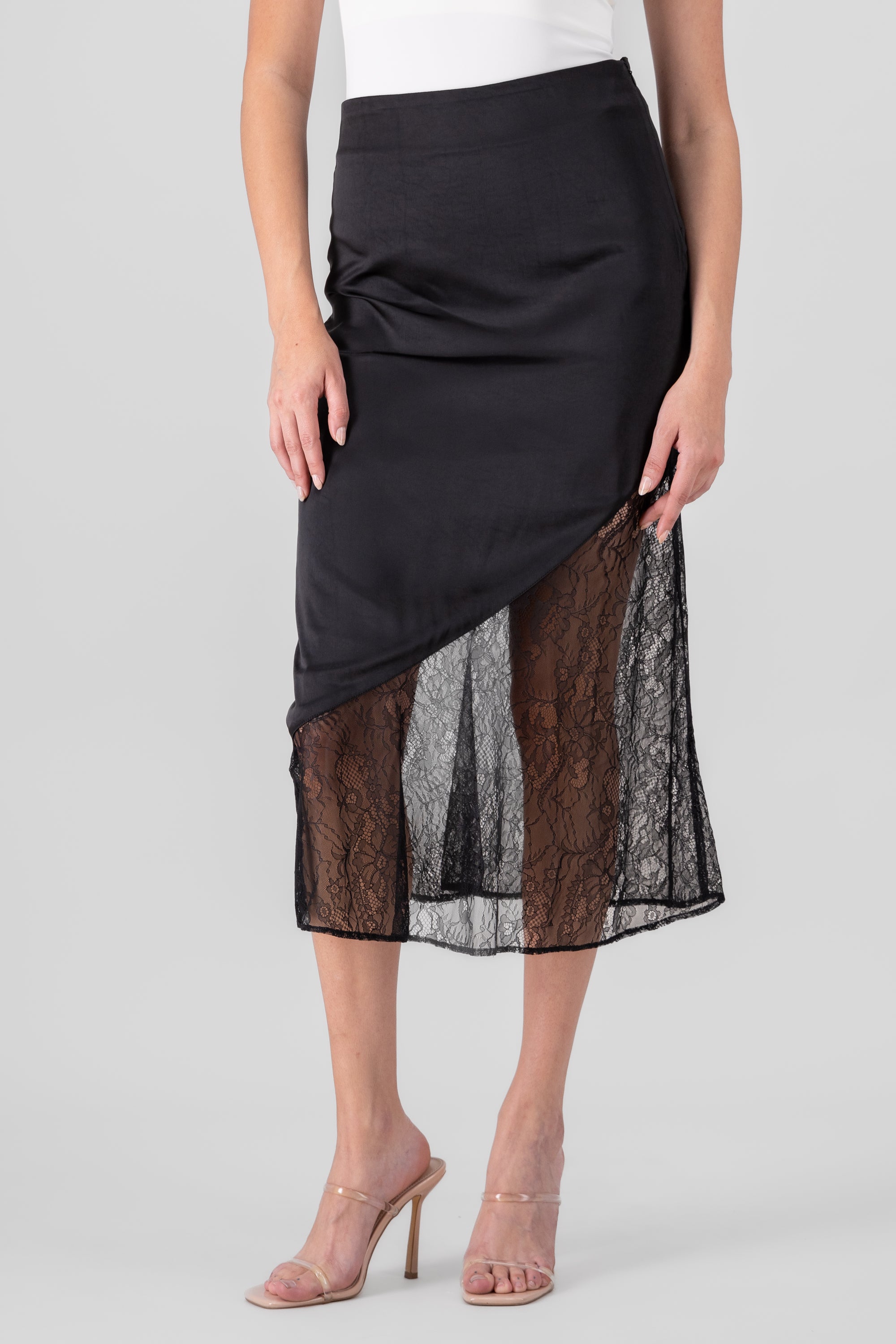 Midi Satin Skirt With Lace BLACK