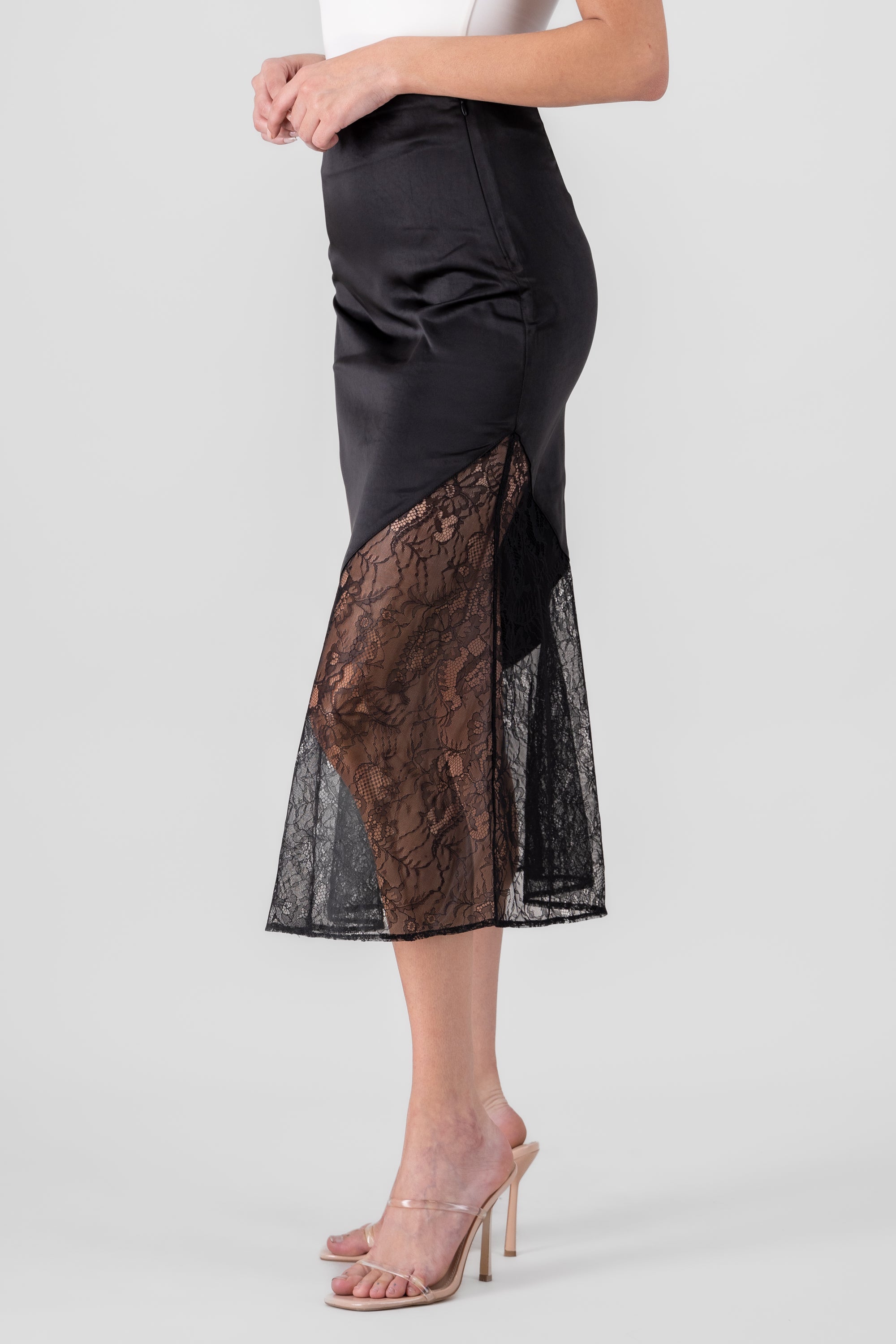 Midi Satin Skirt With Lace BLACK