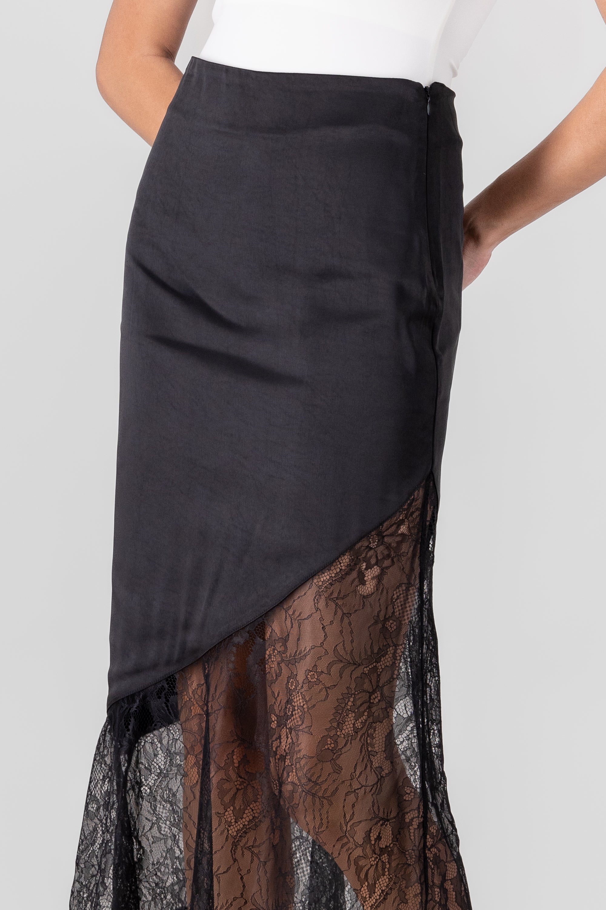 Midi Satin Skirt With Lace BLACK