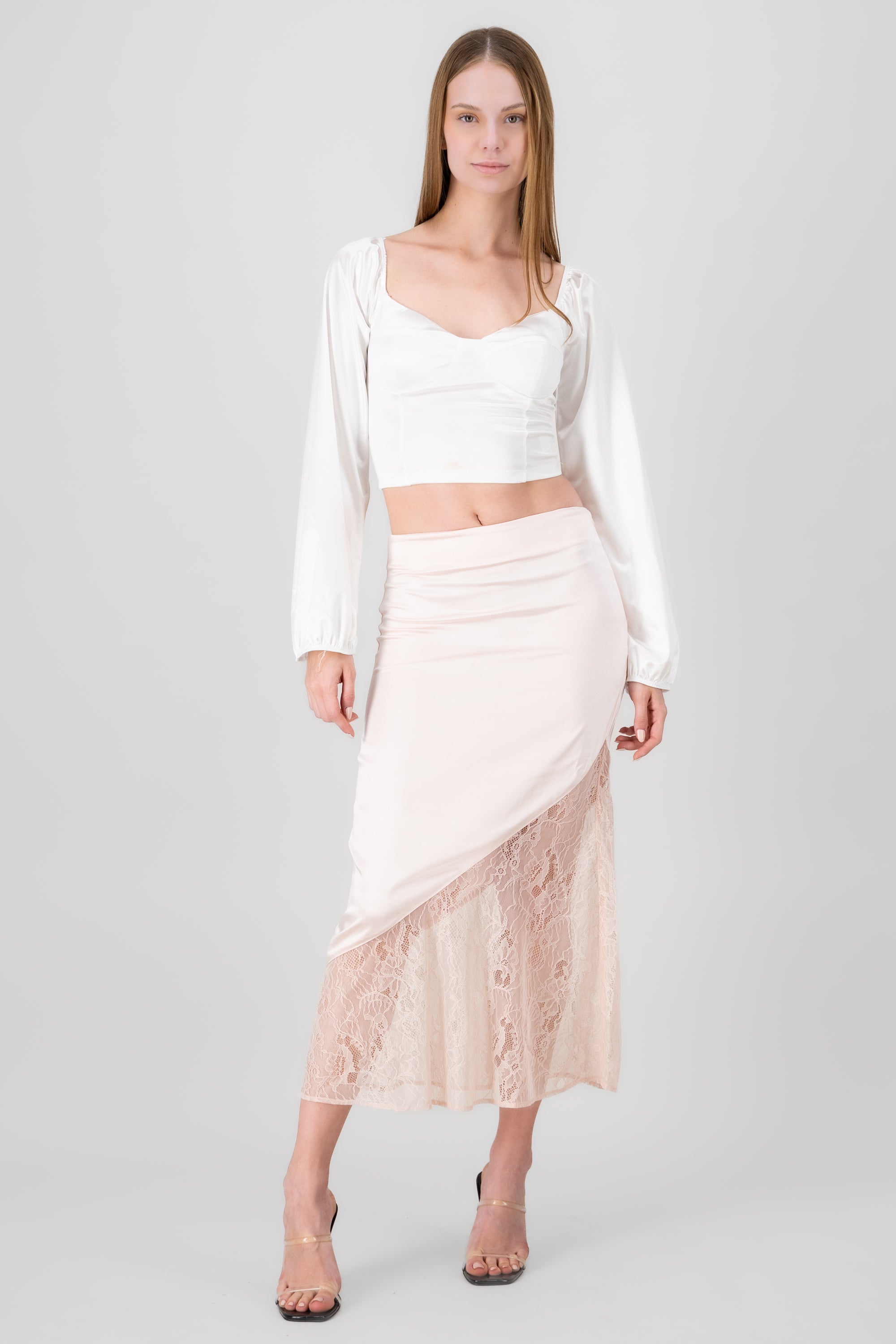 Midi Satin Skirt With Lace PINK