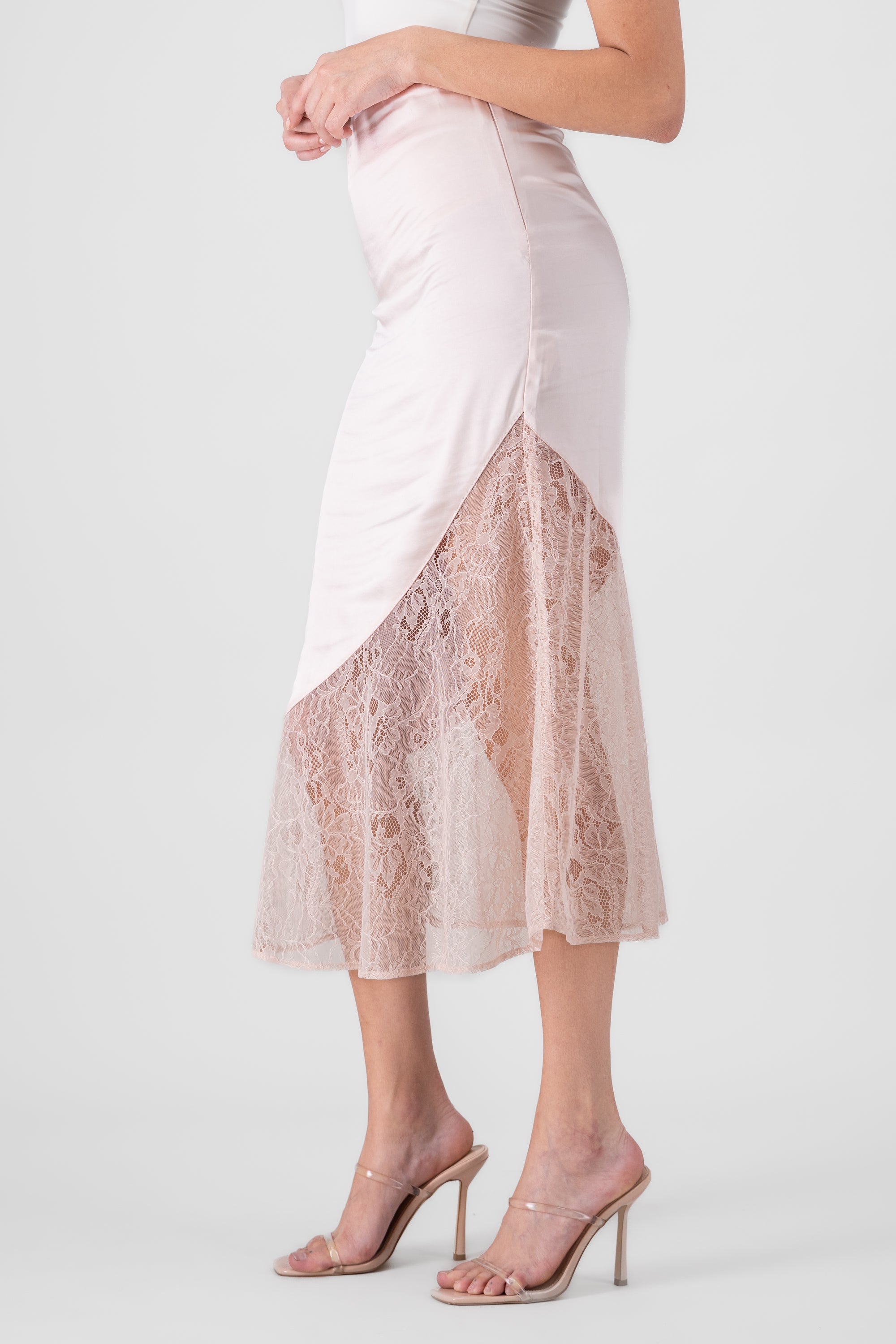 Midi Satin Skirt With Lace PINK