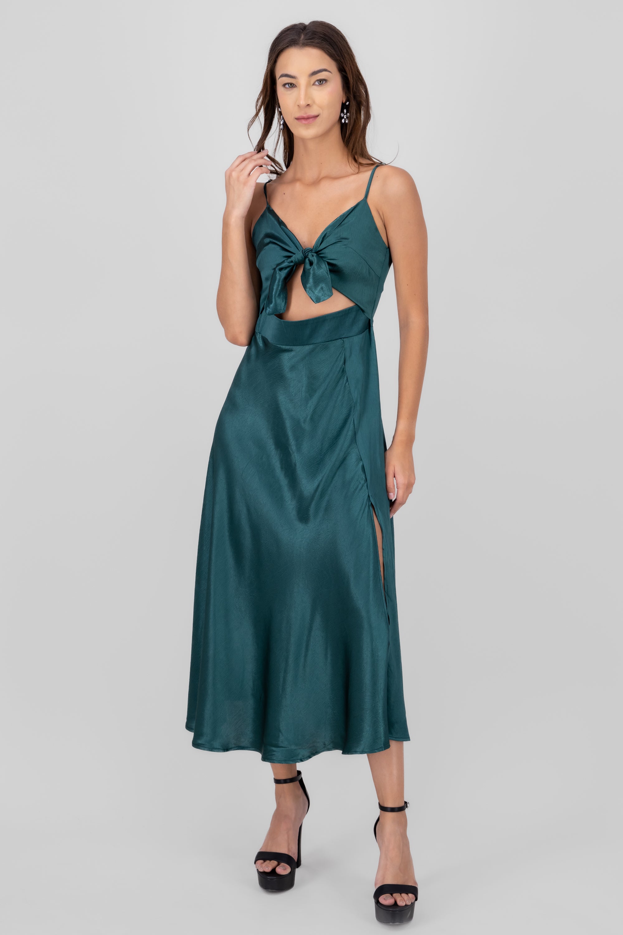 Satin Cut Out Bow Detail Dress HUNTER GREEN