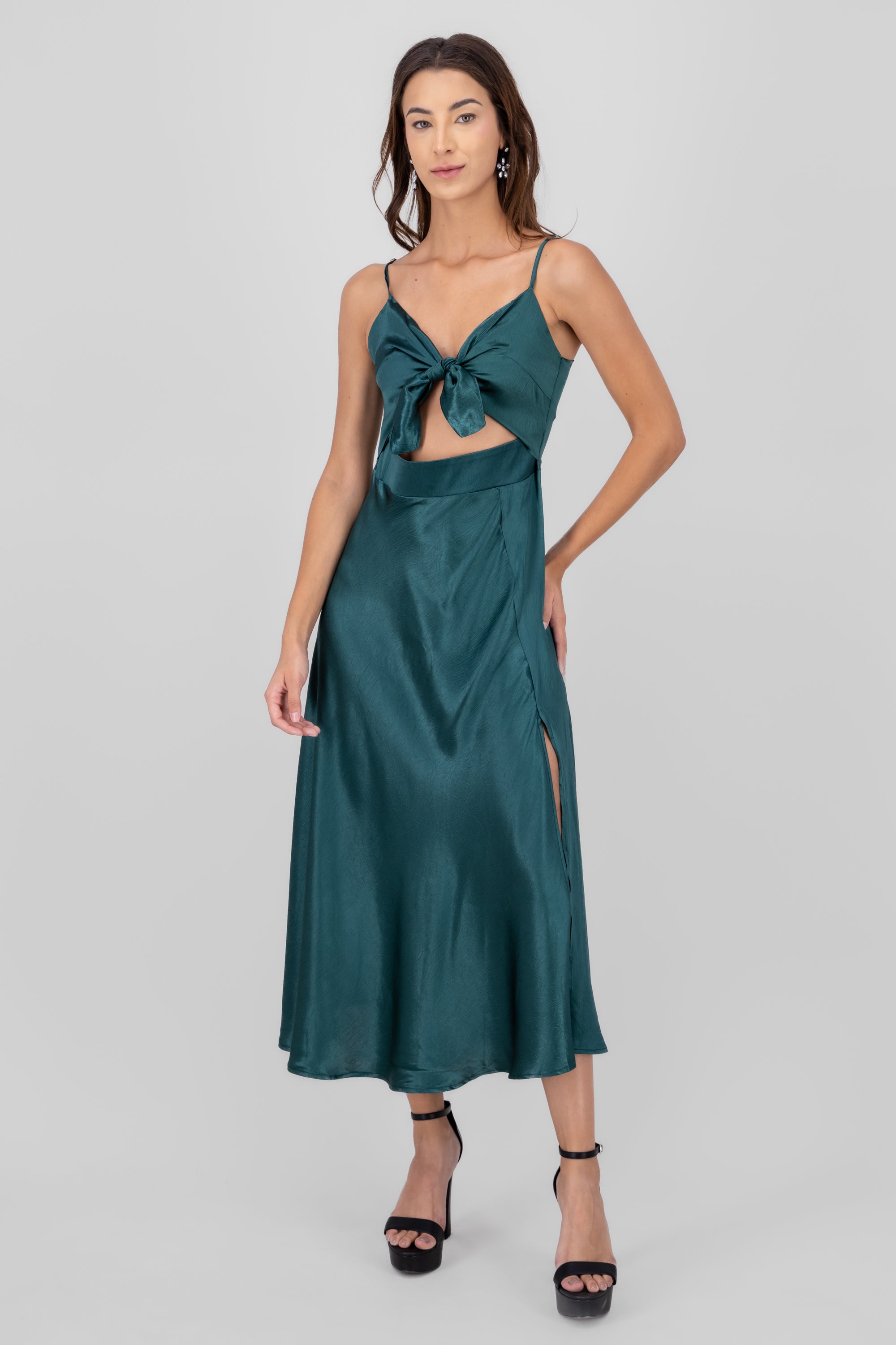 Satin Cut Out Bow Detail Dress HUNTER GREEN