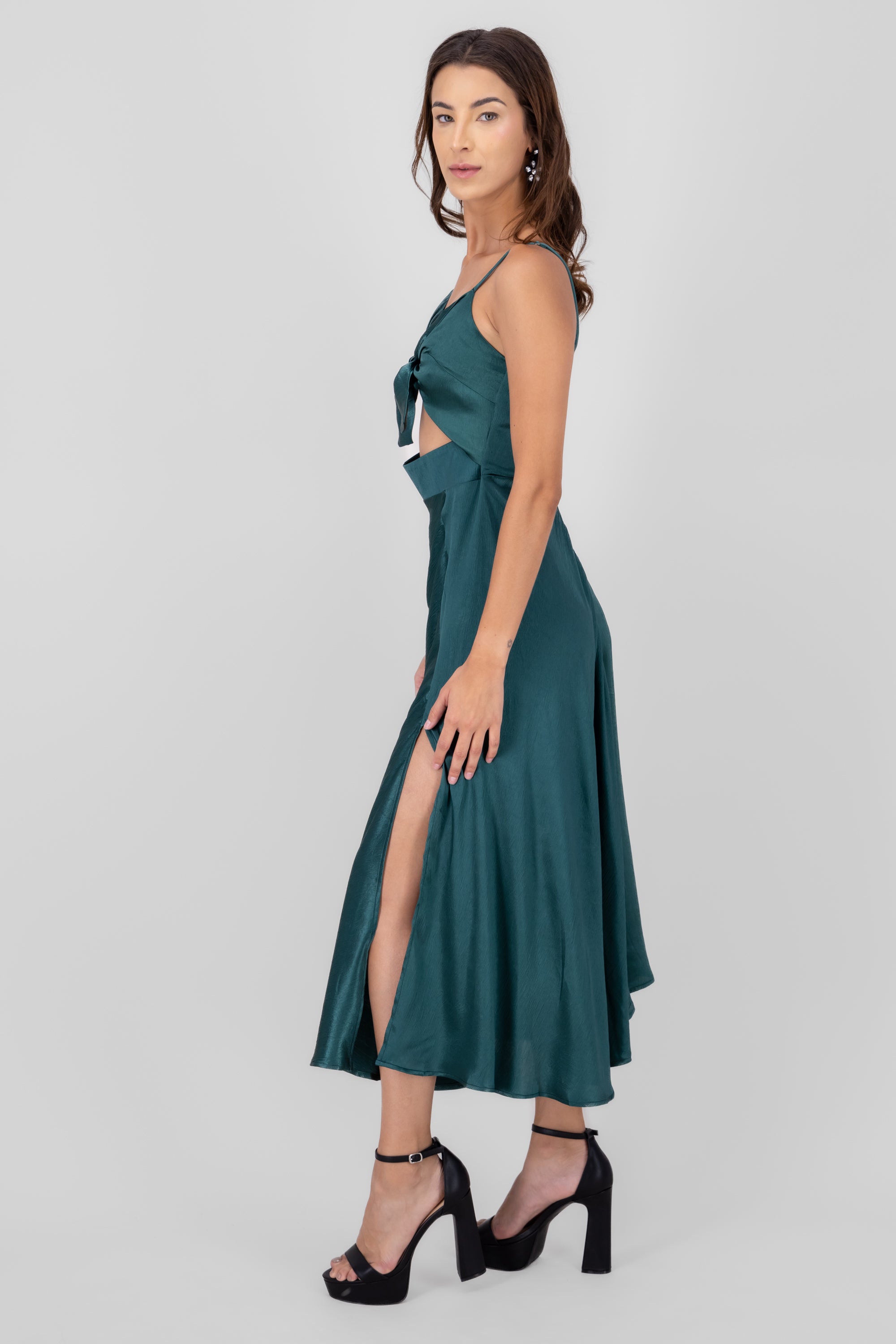 Satin Cut Out Bow Detail Dress HUNTER GREEN