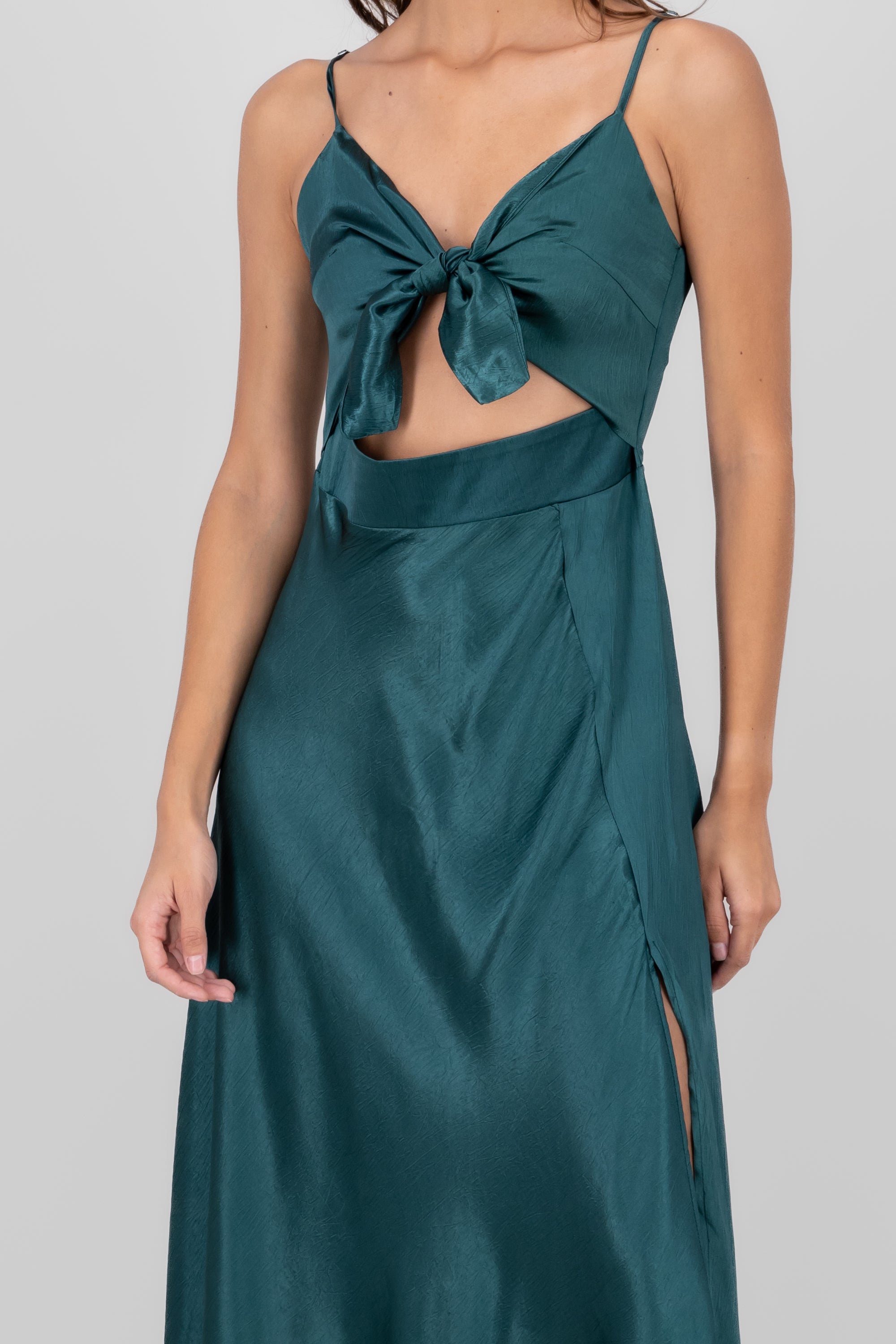 Satin Cut Out Bow Detail Dress HUNTER GREEN