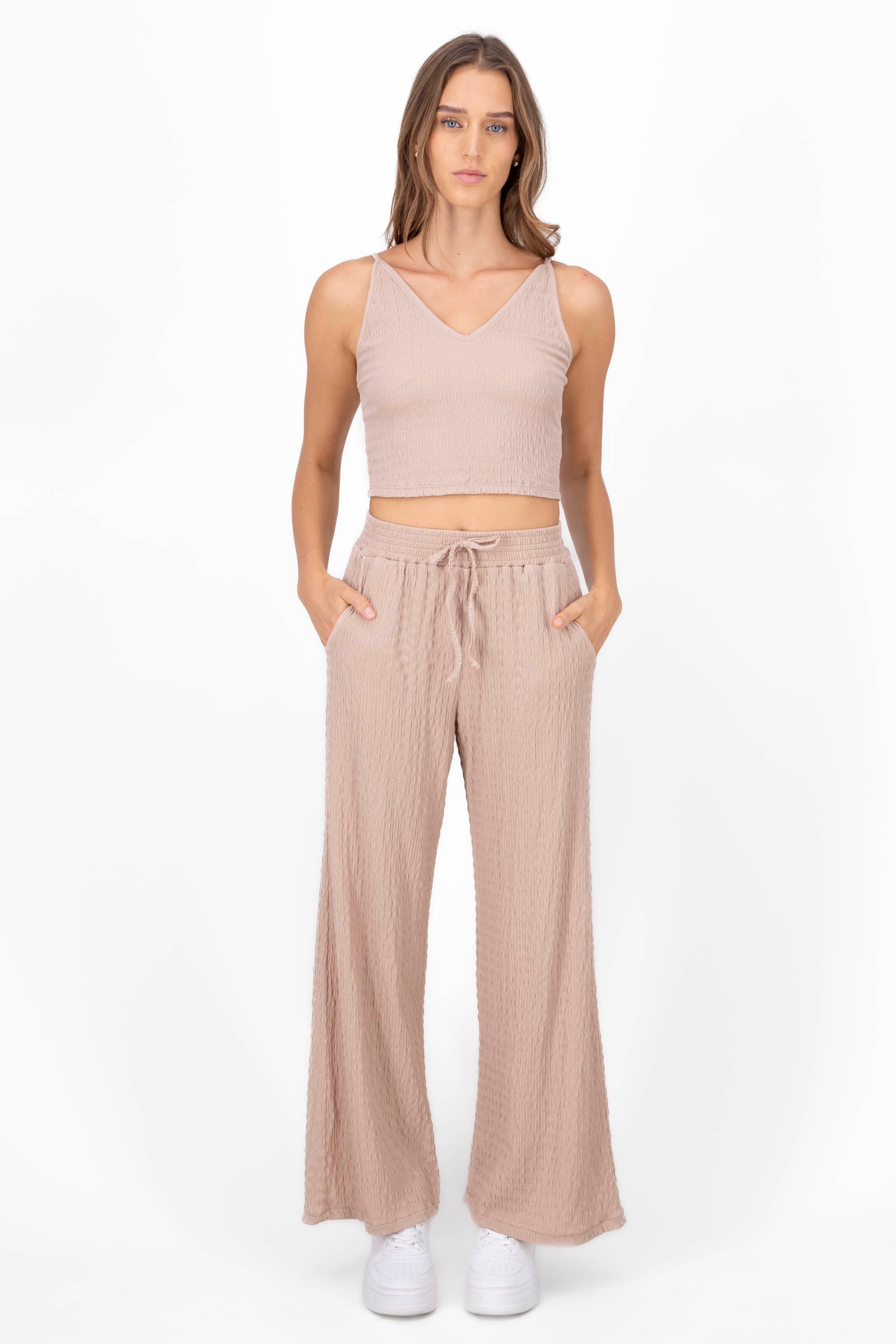 Textured Elastic Waistband Pant BEIGE