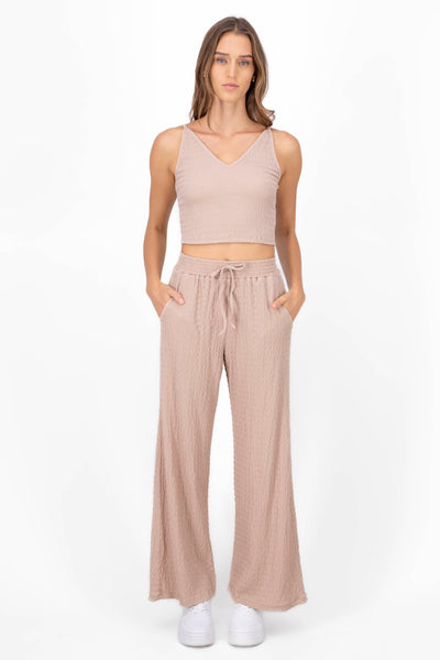 Textured Elastic Waistband Pant BEIGE