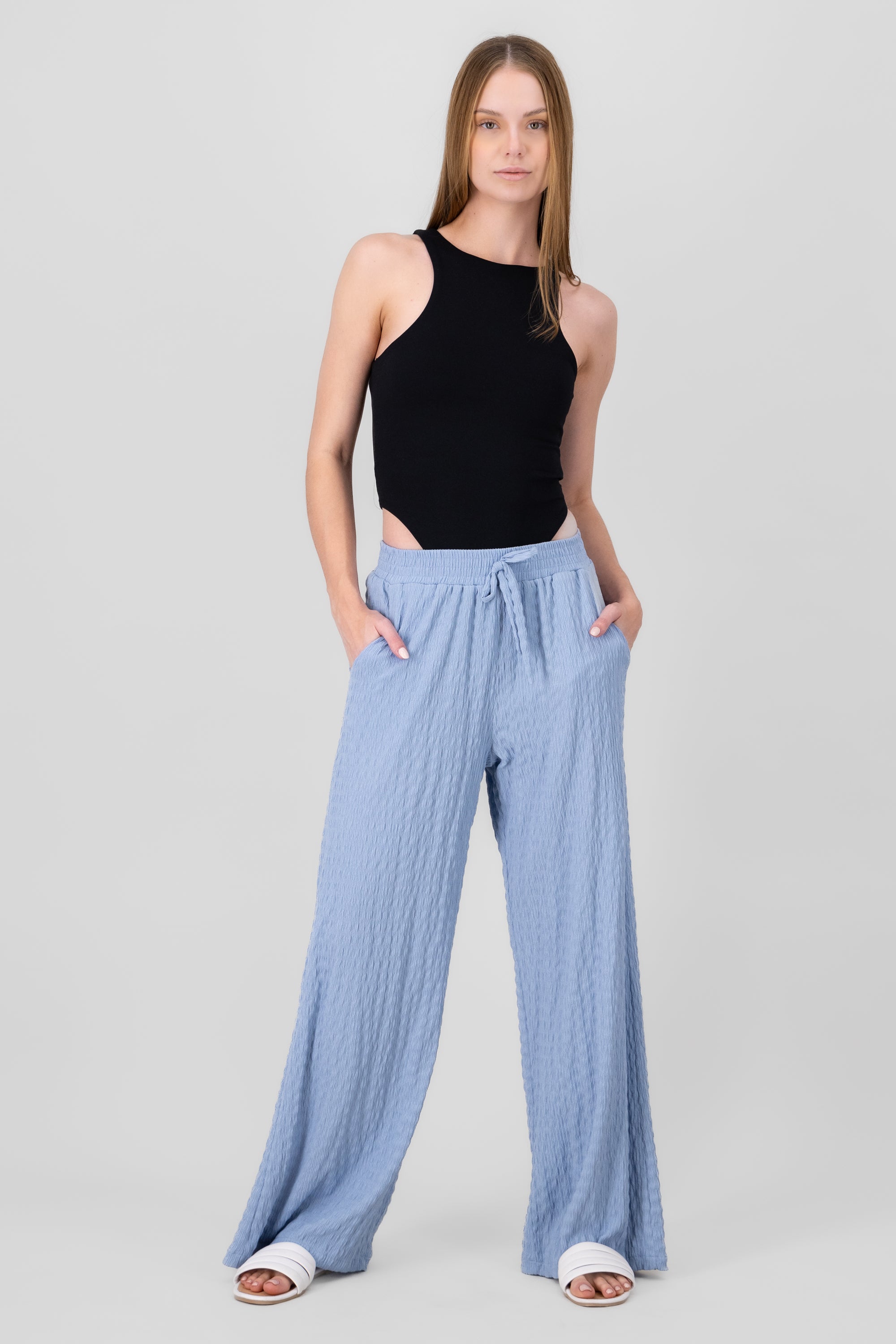 Textured Elastic Waistband Pant SKY BLUE