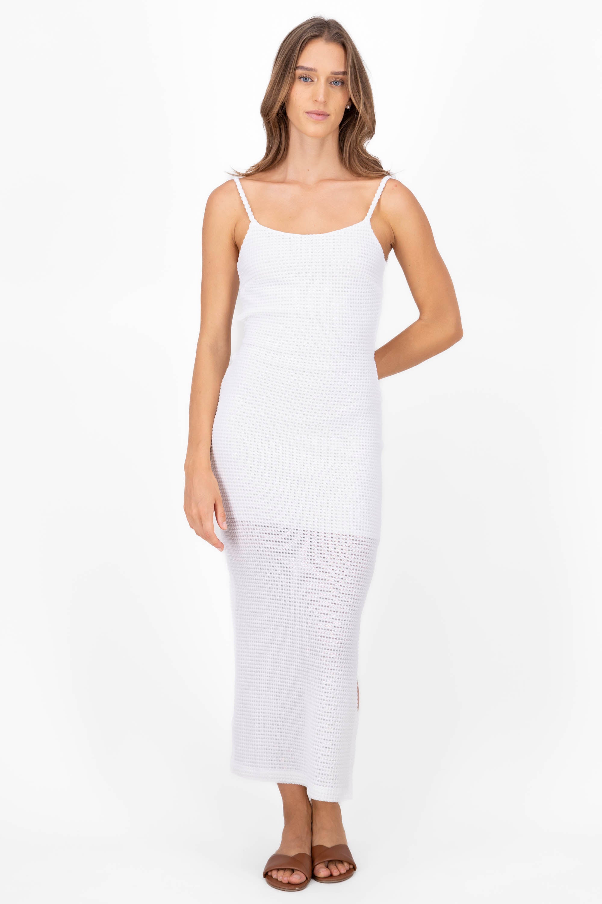 Pointelle Knit Midi Dress WHITE