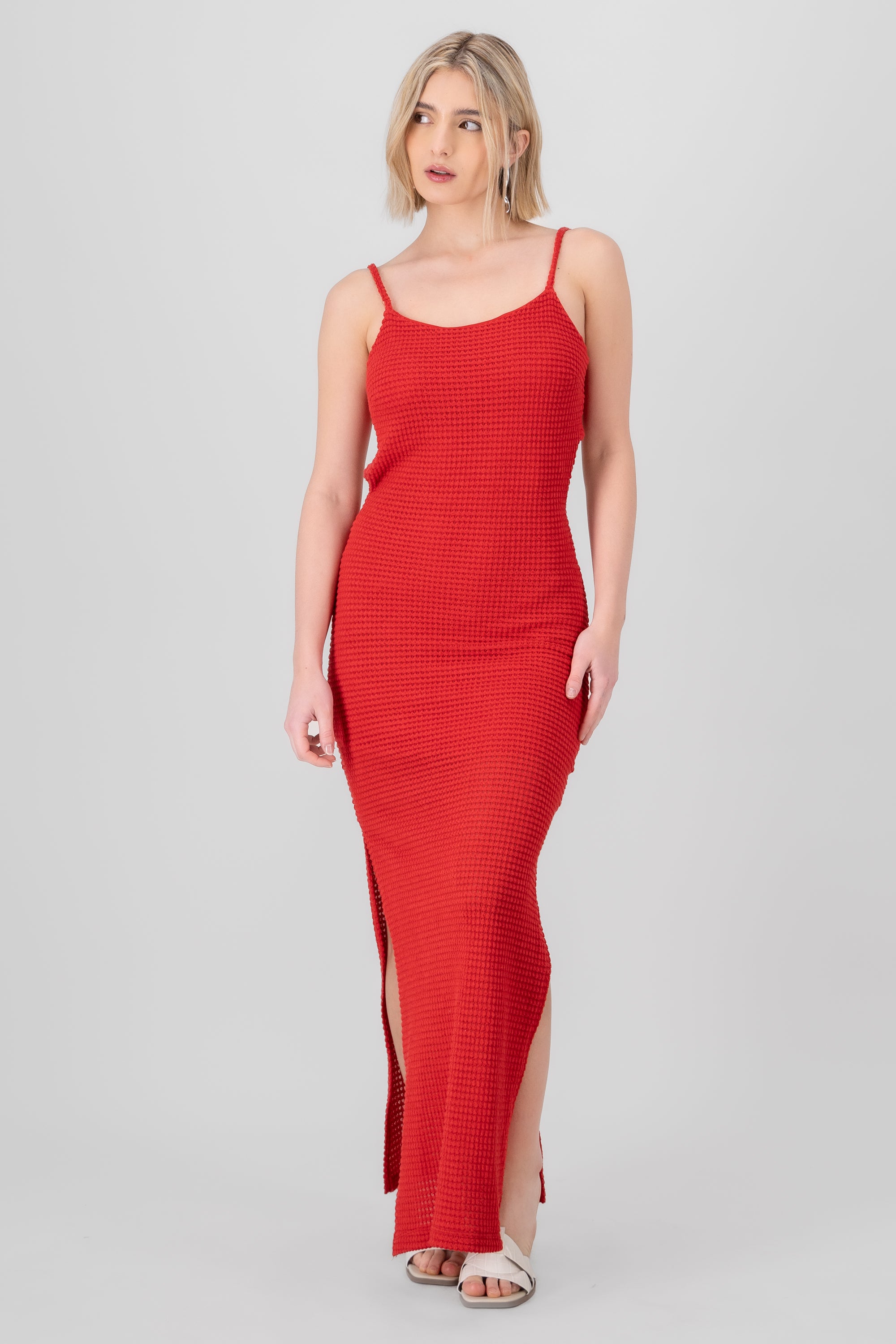 Pointelle Knit Midi Dress RED