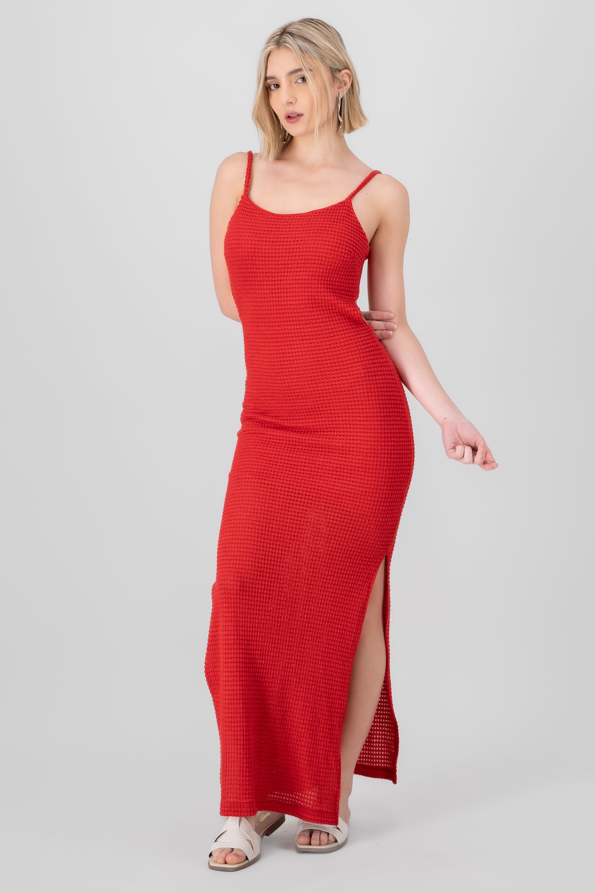 Pointelle Knit Midi Dress RED