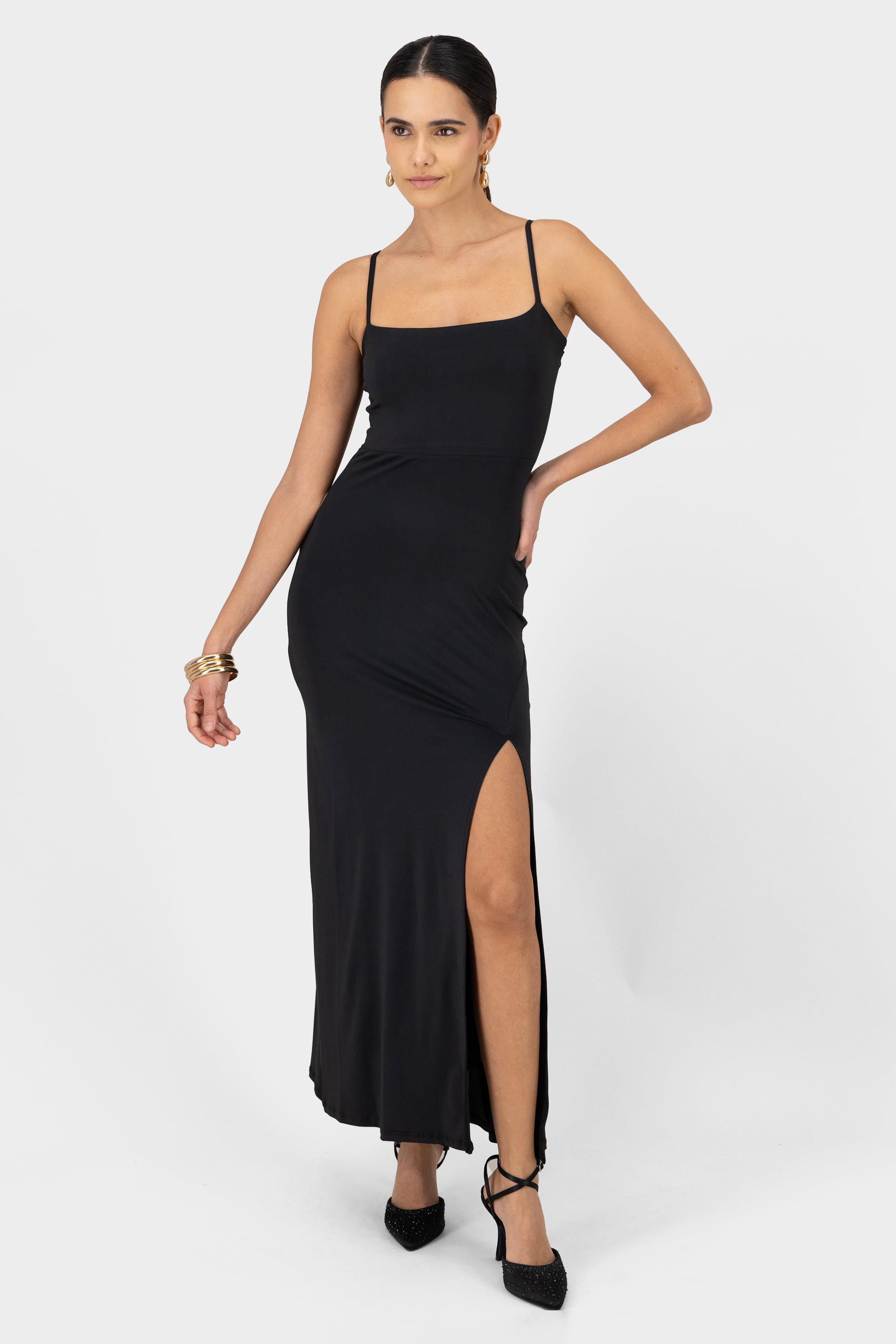 Thin Straps Side Slit Dress BLACK