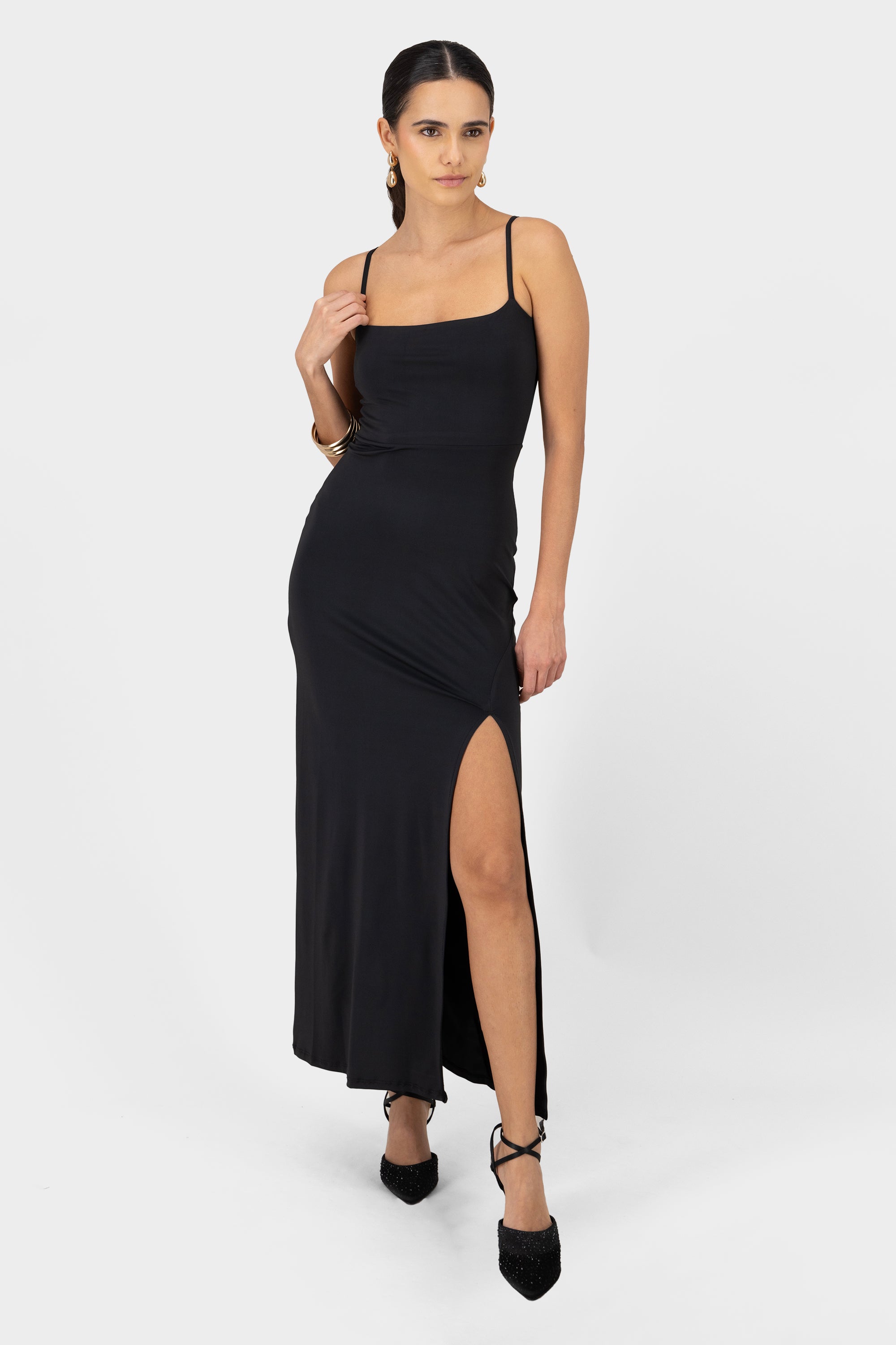 Thin Straps Side Slit Dress BLACK