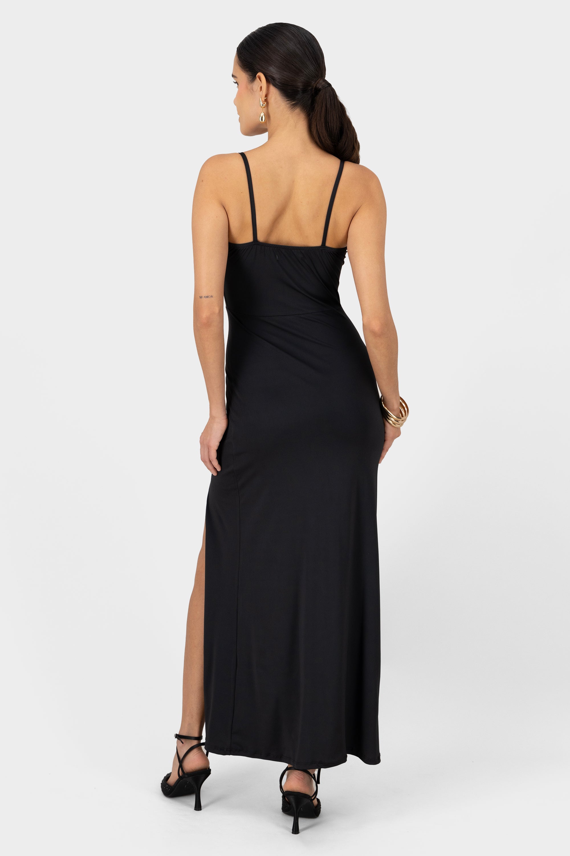 Thin Straps Side Slit Dress BLACK