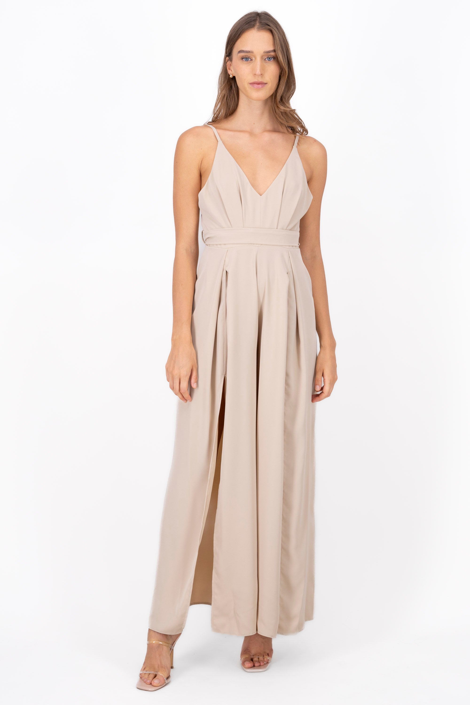 Side Slit Tie Belt Jumpsuit SAND