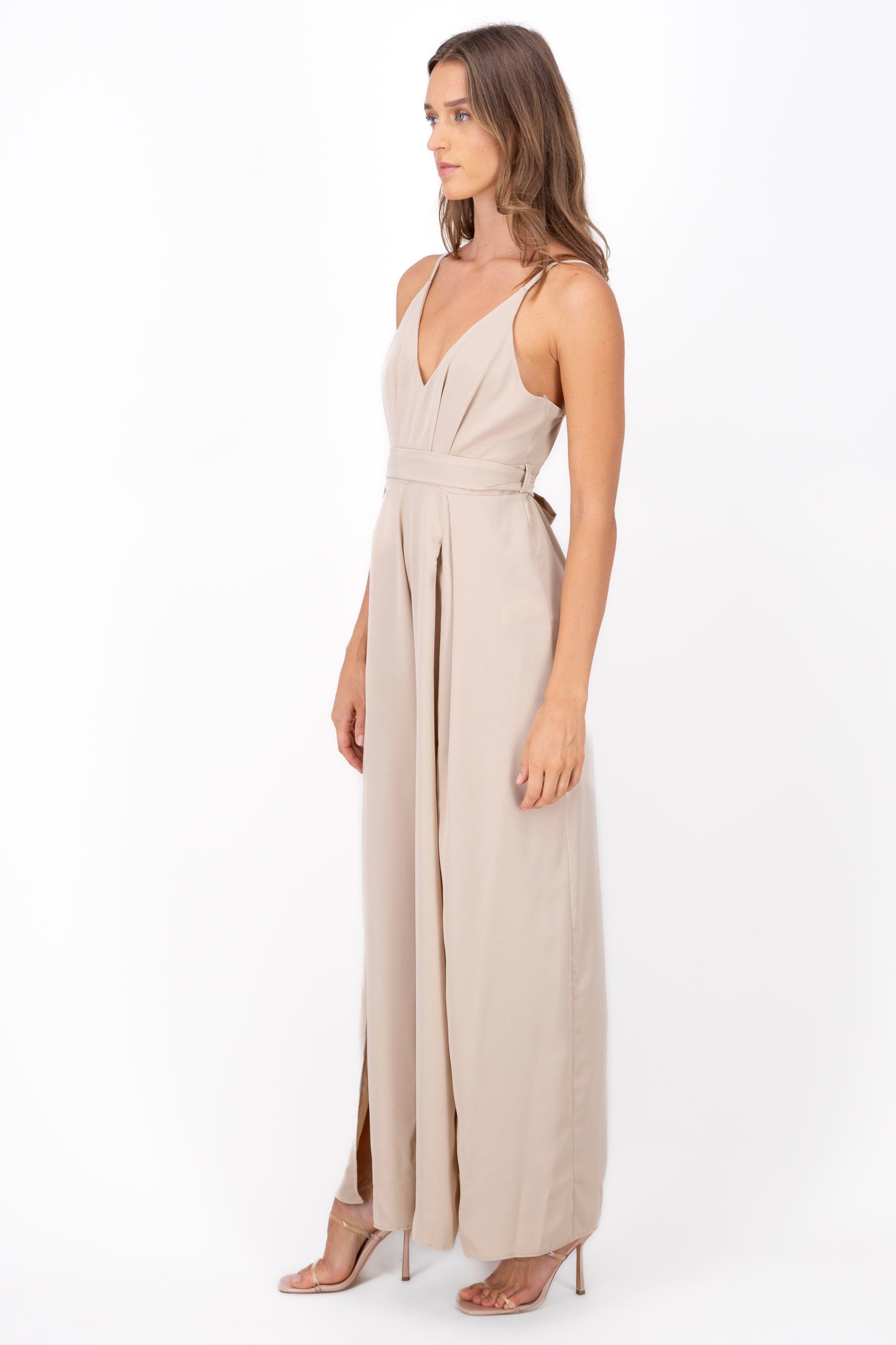 Side Slit Tie Belt Jumpsuit SAND