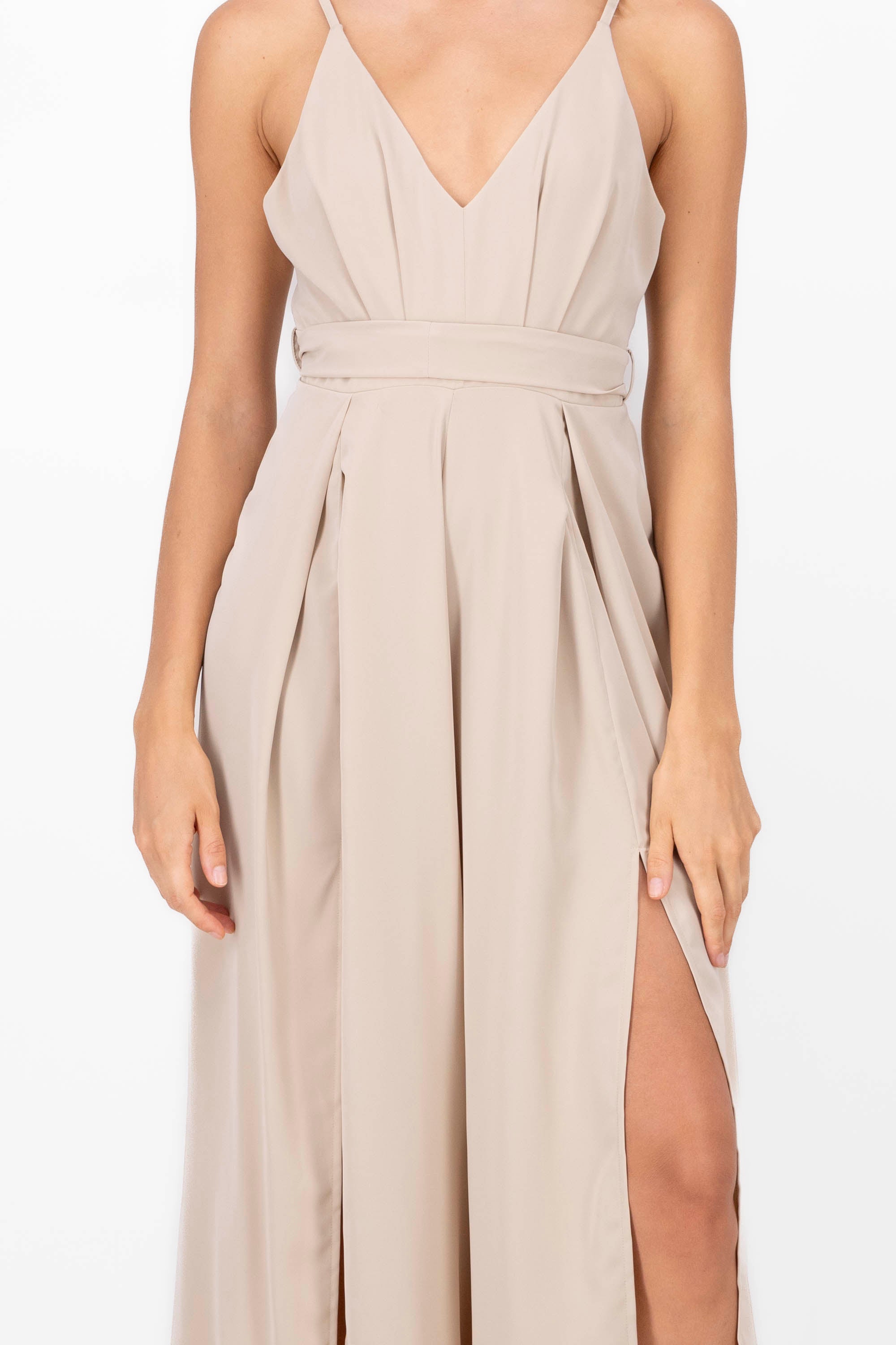 Side Slit Tie Belt Jumpsuit SAND