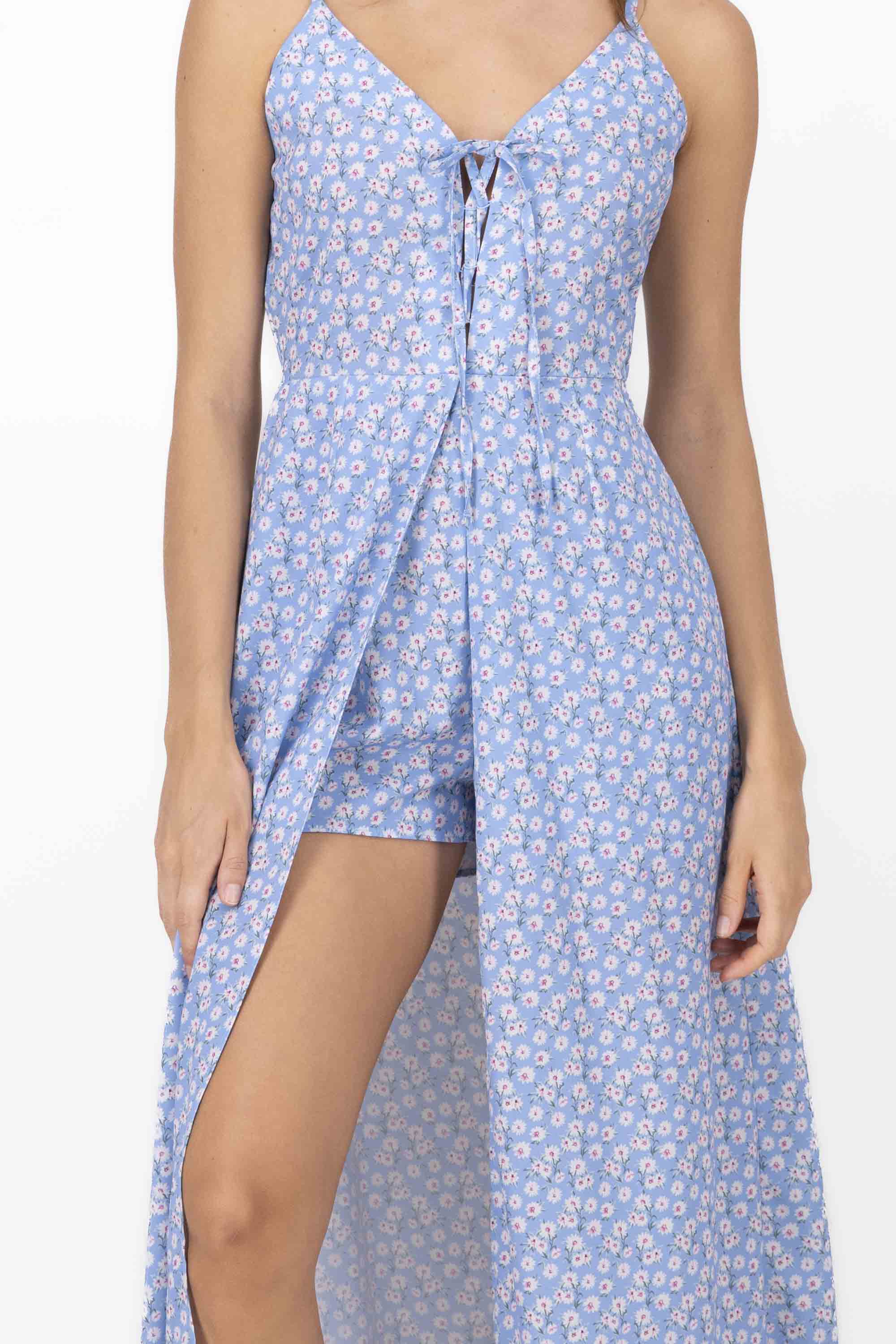 Front Tie Ribbon Floral Romper BLUE COMBO